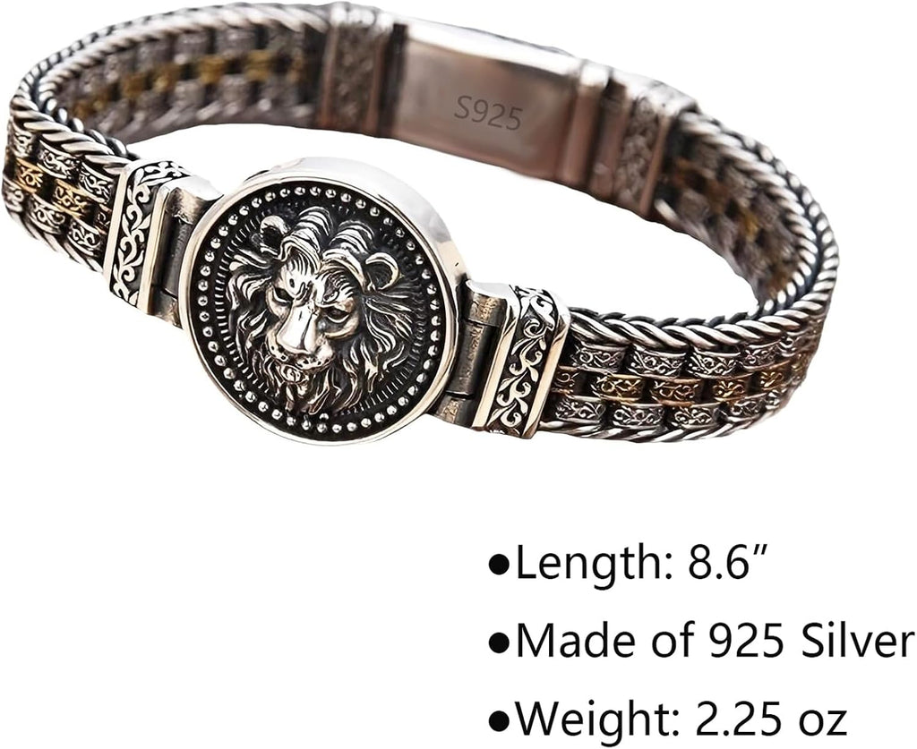 Italian Handmade Sterling Silver Mens Bracelets | Solid S925 Chain Bracelets | Men's Silver Bracelet Gift for Dad, Boyfriend, Son, My Man (8.6'' Lion Circular Vintage)