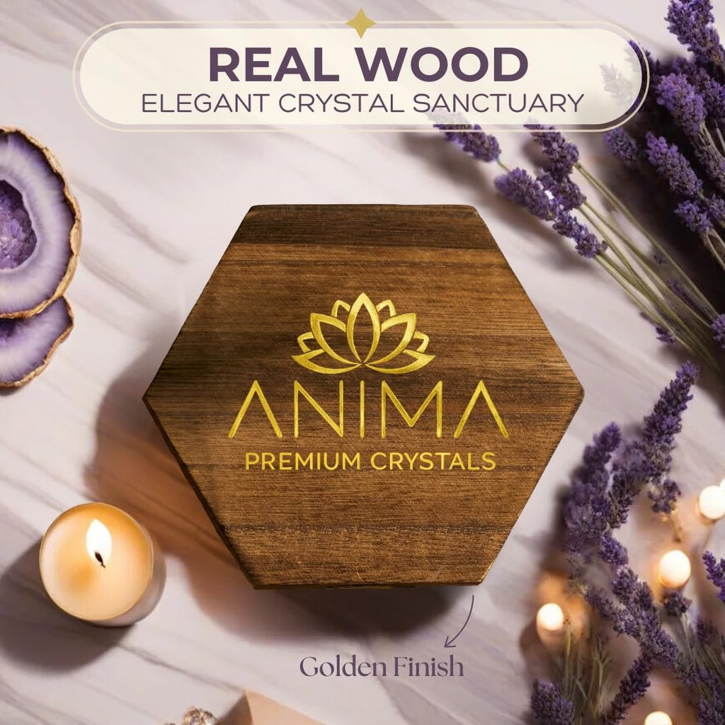 Anima Premium Protection Healing Crystals Set for Energy Shielding - Large Raw Obsidian, Black Tourmaline, Labradorite, Smoky Quartz & Selenite Bar - Wooden Gift Box and Guide Booklet Included