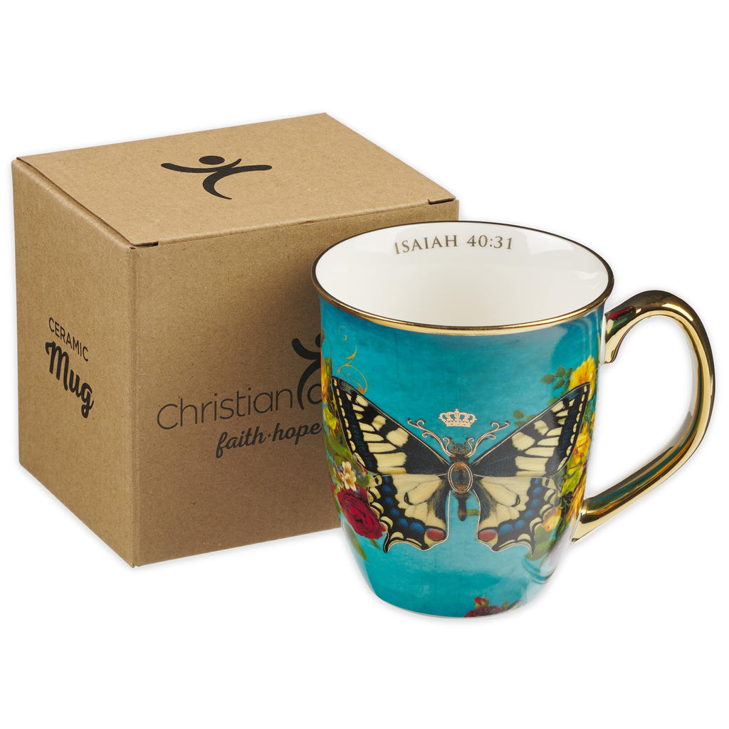 Christian Art Gifts Pink Butterfly Ceramic Coffee Mug with Gold Accents – 14 oz. Lead and Cadmium-free Inspirational Scripture Coffee and Tea Mug for Women with Bible Verse: Be Still – Psalm 46:10