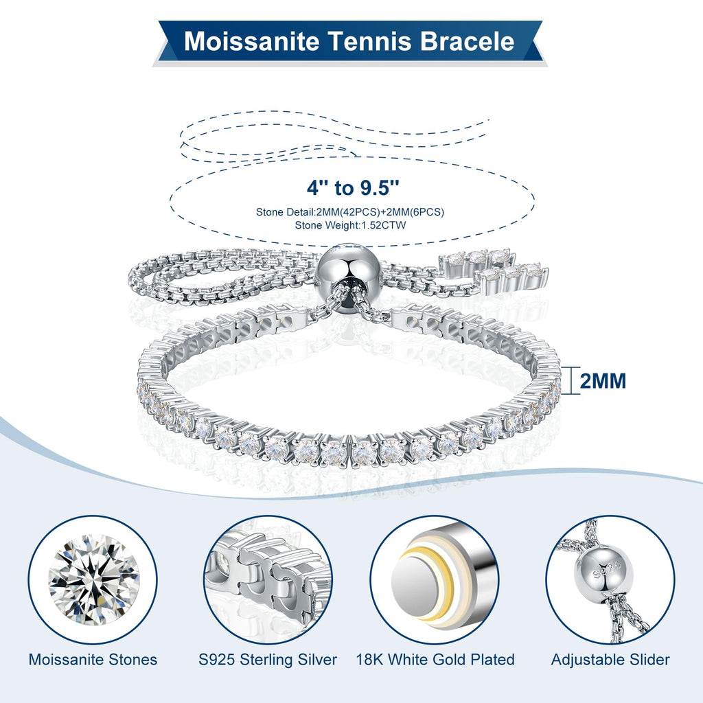 Moissanite Tennis Bracelet 1.79ct-8.69ct Adjustable Bracelet for Women 18K White Gold Plated S925 Sterling Silver Tennis Bracelet D Color VVS1 Round Cut 2/3/4mm Moissanite Bracelet Gifts for Wife/Mom