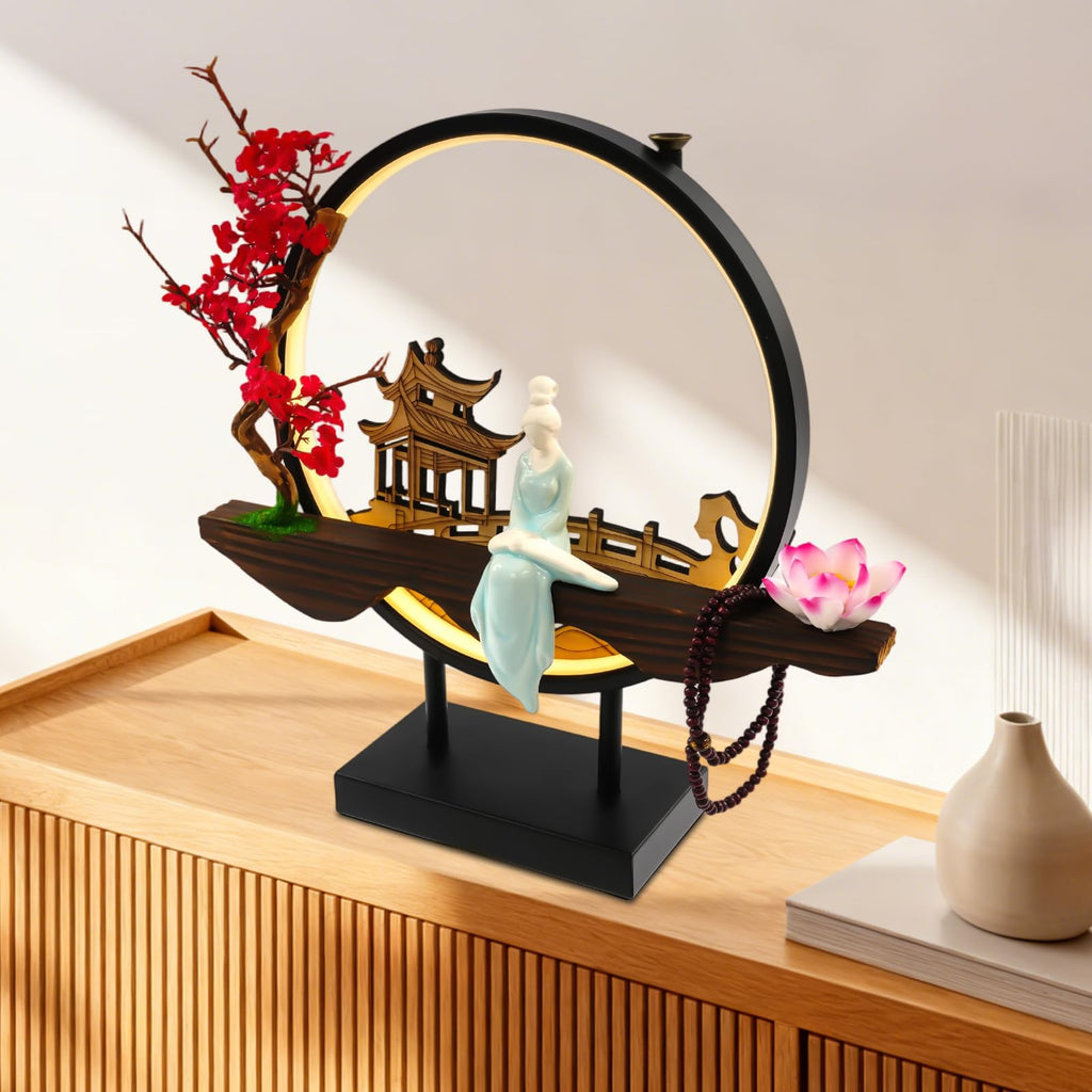 Backflow Incense Holder, Ceramic Incense Burner with Adjustable LED Light, Chinese Style Ornament Incense Holders with Backflow for Relaxing and Home Decor