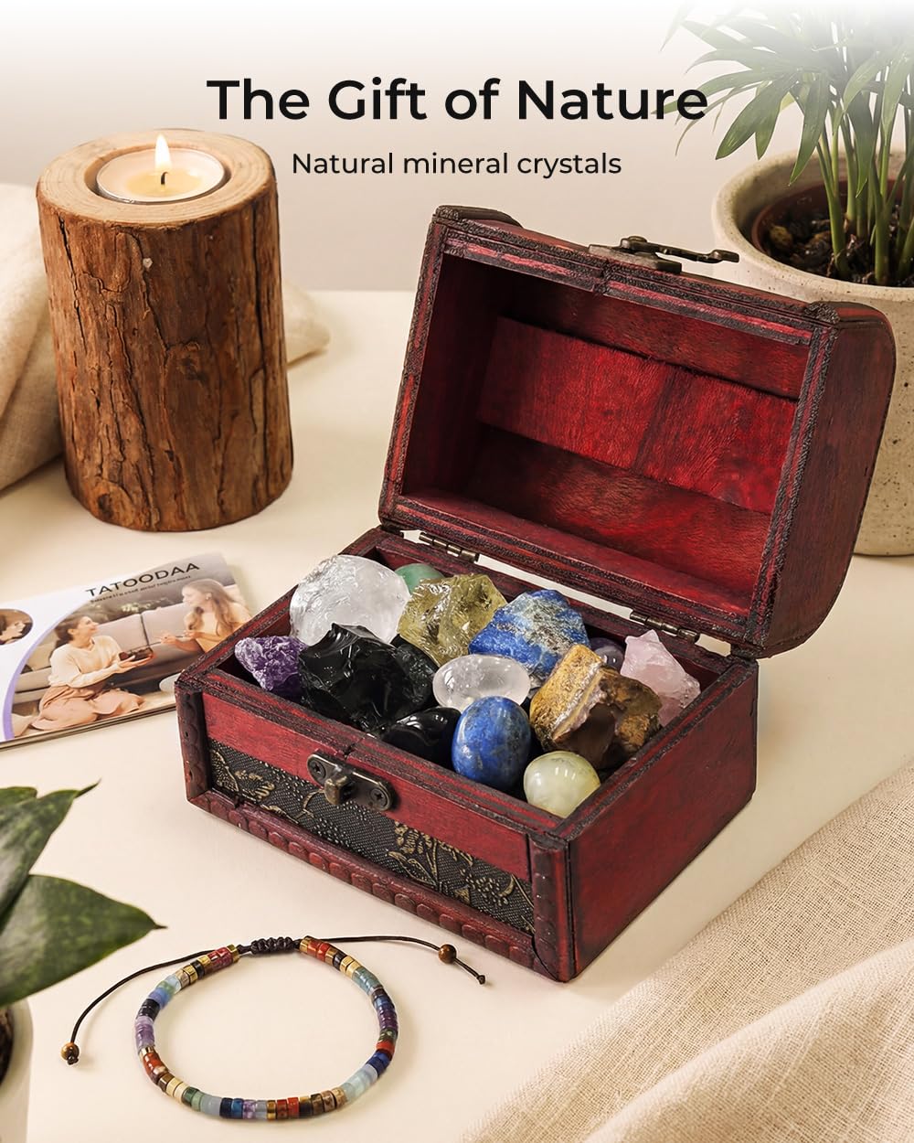 Crystals and Healing Stones, 9 Pcs Healing Crystals Set, 7 Chakra Crystal Stones Set Real Natural Selenite Pyramid Reiki Raw Rock Energy Protection Meditation with Wooden Box, Crystal Gifts for Women