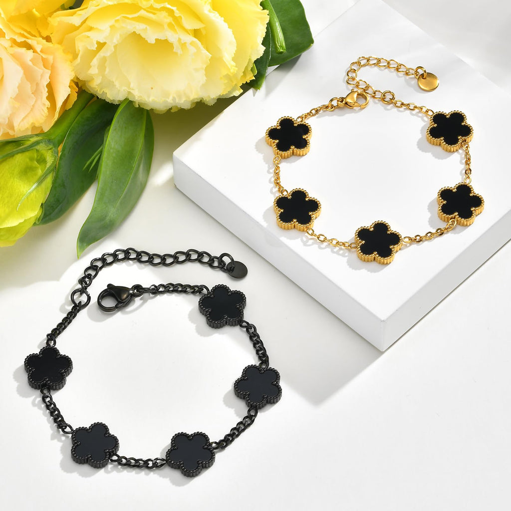VNOX 2 PCS Floral Bracelets for Men Women -Womens Mens Stainless Steel Gold Cuban Chain Link Bracelet Lucky Charm Four Clover Flower Bracelets Trendy Jewelry Gifts