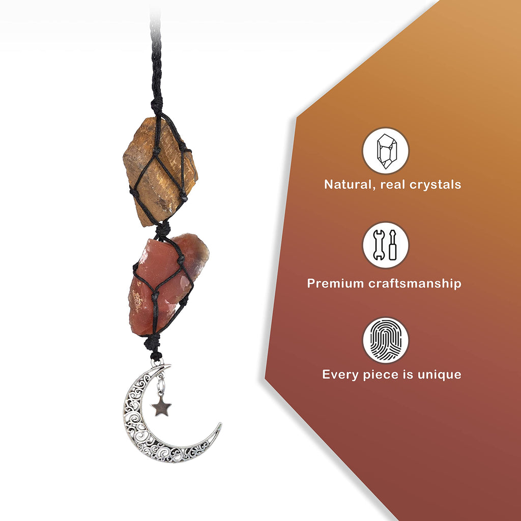 BOHO GARDEN Crystal Hanging Car Charm - Purple Rear View Mirror Hanging Car Accessories for Women, Moon Decor Hanging Ornament, Witchy Gifts and Healing Stones - Rose Quartz & Amethyst