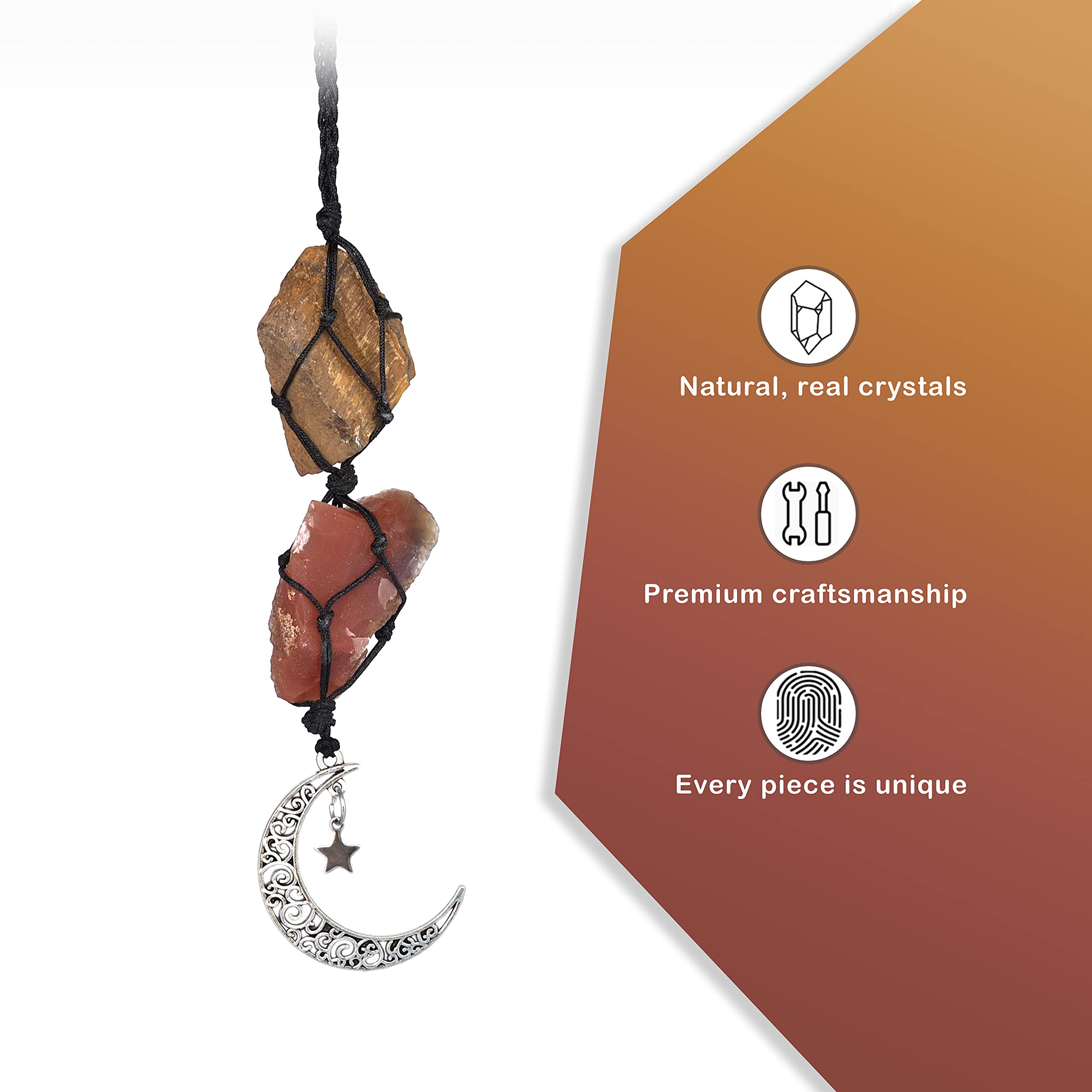 BOHO GARDEN Crystal Hanging Car Charm - Purple Rear View Mirror Hanging Car Accessories for Women, Moon Decor Hanging Ornament, Witchy Gifts and Healing Stones - Rose Quartz & Amethyst