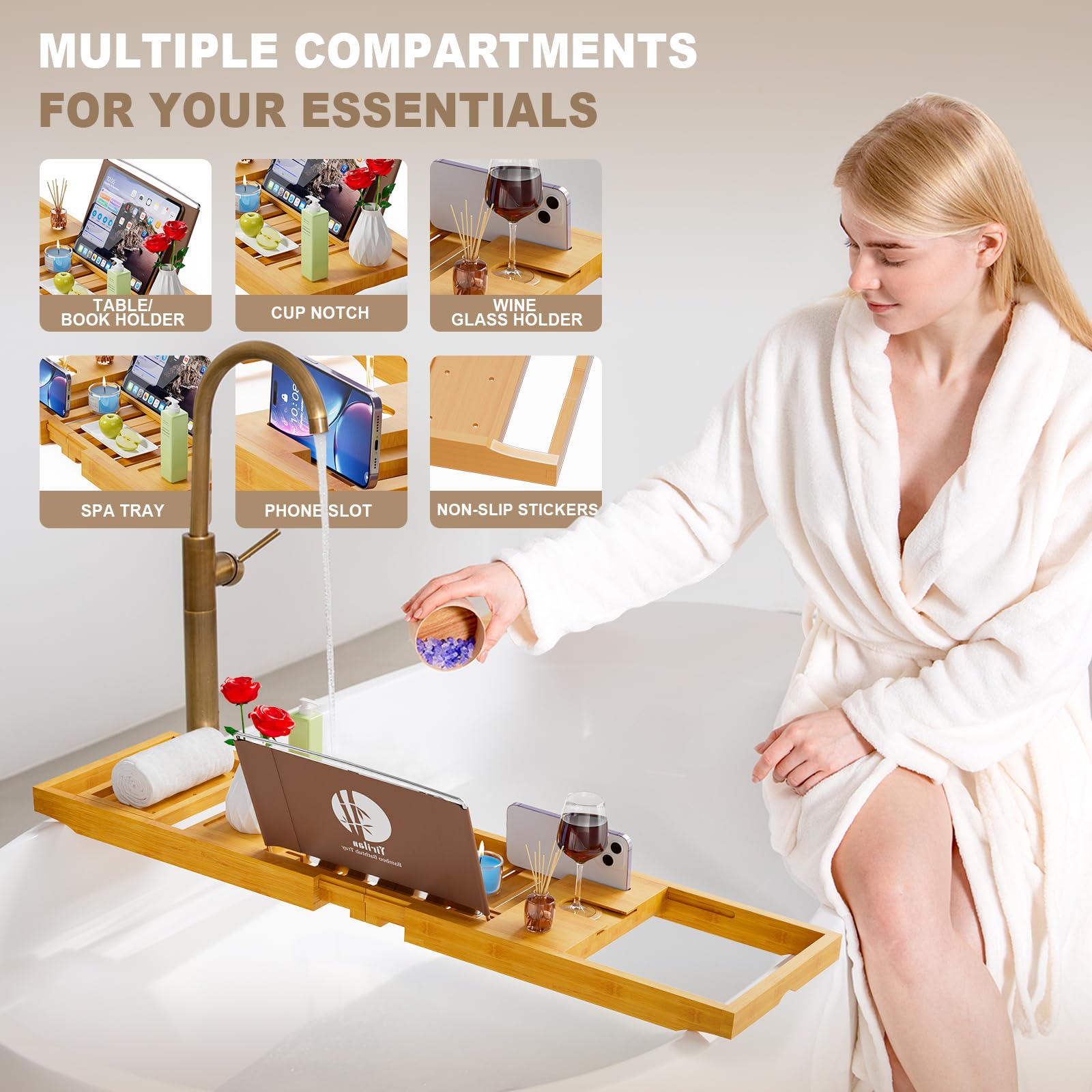 Premium Bathtub Tray Caddy, Expandable Bath Tray, Unique House Warming Gifts, New Home, Anniversary and Wedding Gifts for Couple, Bridal Shower Gift for Women