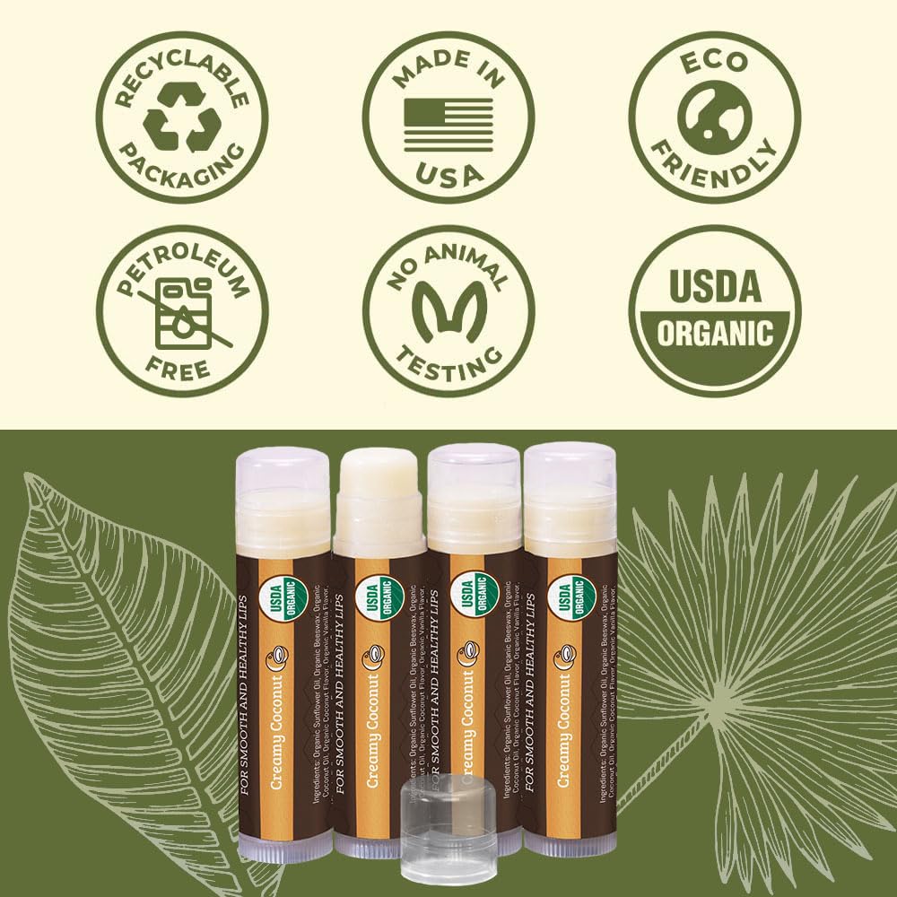 Earth's Daughter USDA Organic Lip Balm 6-Pack - Fruit Flavors, Beeswax, Coconut Oil, Vitamin E - Best Lip Repair Chapstick for Dry Cracked Lips - Moisturizing Lip Care