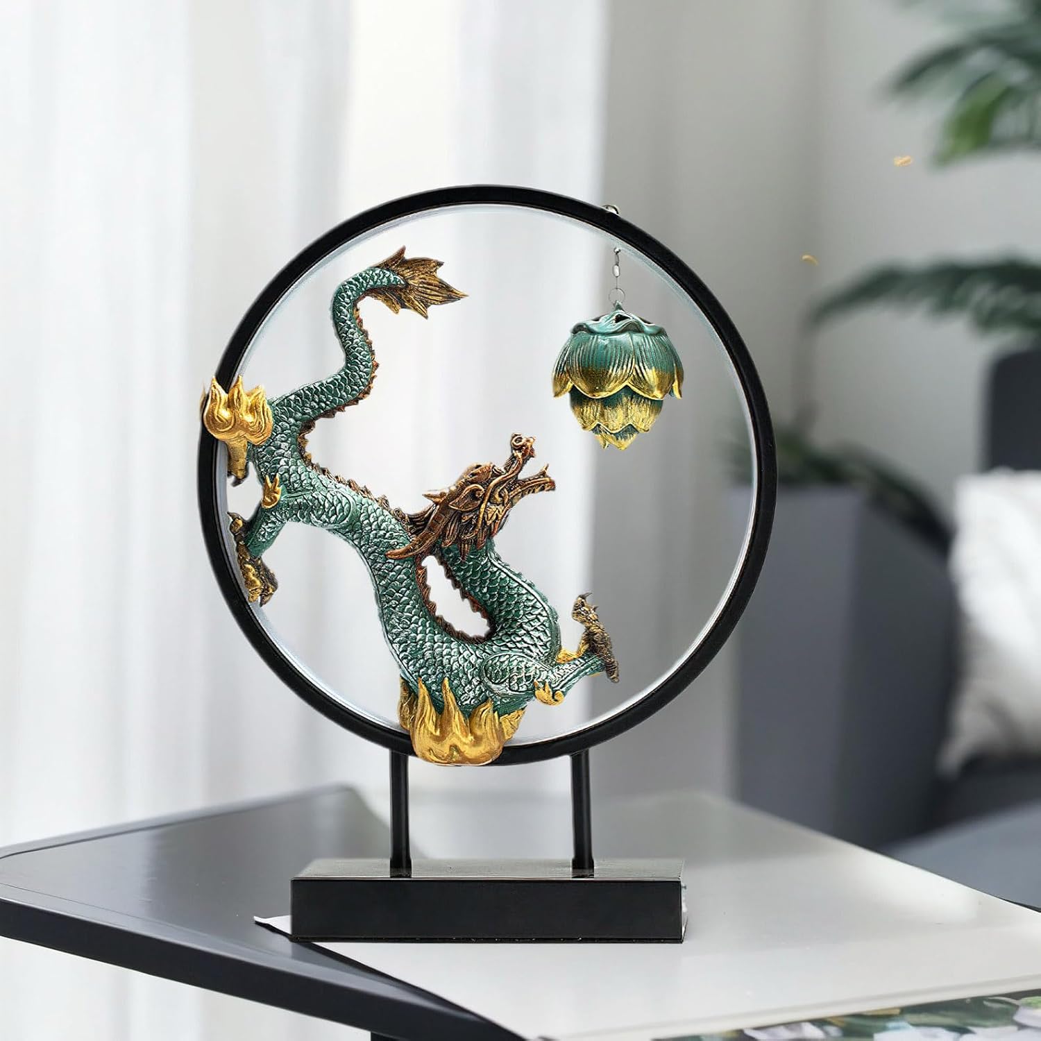 Chinese Ceramic Dragon Statue Backflow Incense Burner Sculpture with USB Power, LED Light Ring,Adjustable Brightness (BJL002)
