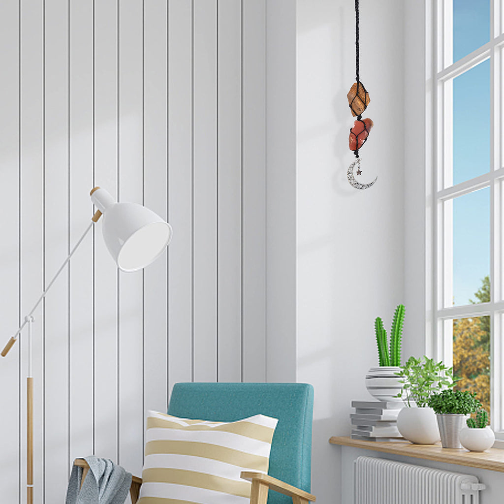 BOHO GARDEN Crystal Hanging Car Charm - Purple Rear View Mirror Hanging Car Accessories for Women, Moon Decor Hanging Ornament, Witchy Gifts and Healing Stones - Rose Quartz & Amethyst