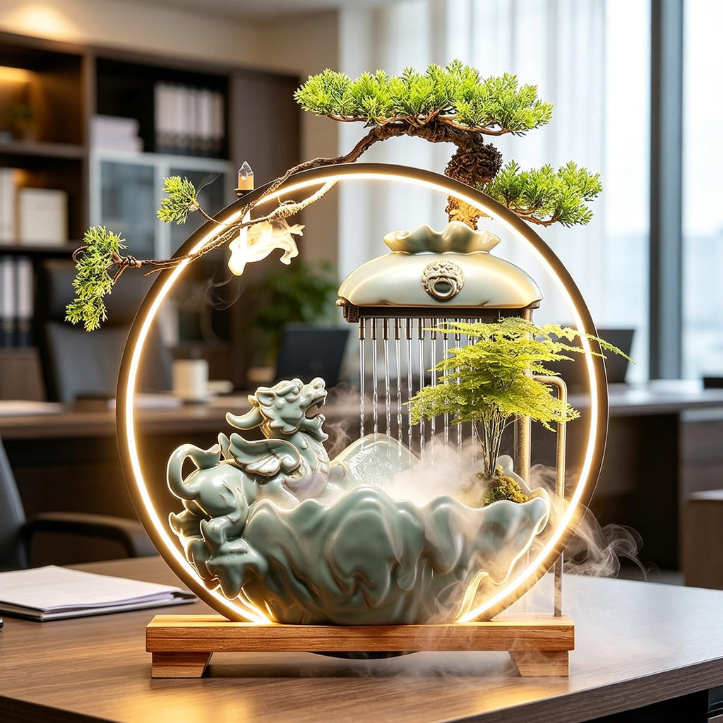 Waterfall Fountain Indoor with Mist, Tabletop Water Fountain,Desk Chinese Ceramic Pixiu Statue with LED Light Ring and Backflow Incense Burner Holder