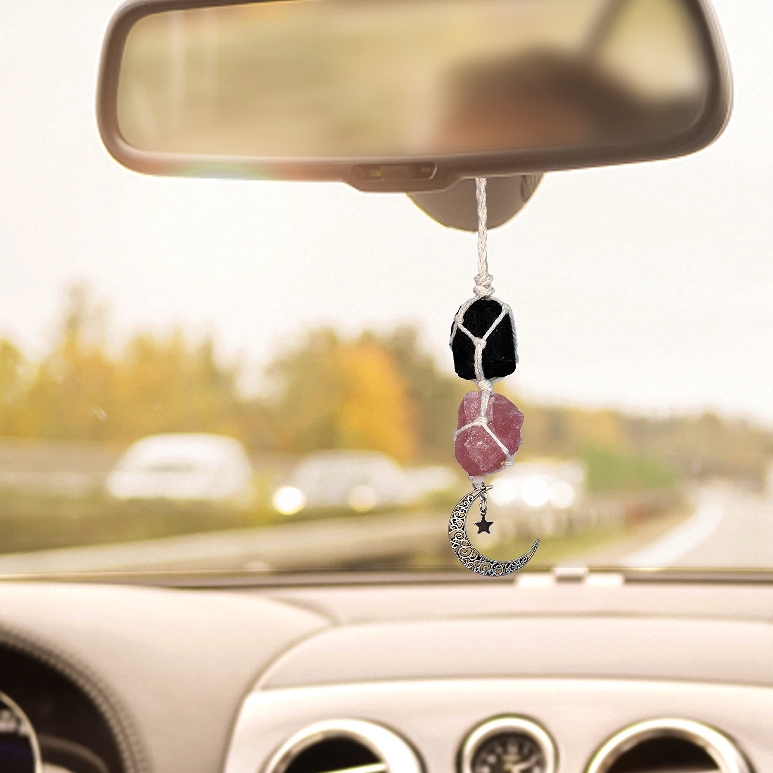 BOHO GARDEN Crystal Hanging Car Charm - Purple Rear View Mirror Hanging Car Accessories for Women, Moon Decor Hanging Ornament, Witchy Gifts and Healing Stones - Rose Quartz & Amethyst