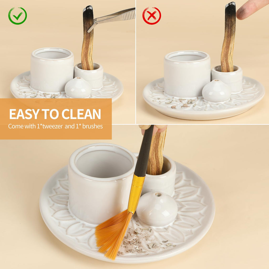 Handmade Ceramic Incense Burner for Palo Santo Incense Sticks, 4 in 1 Multi-Purpose Sage Holder for Burning, Ash Catcher Tray for Meditation Yoga Room (Golden)