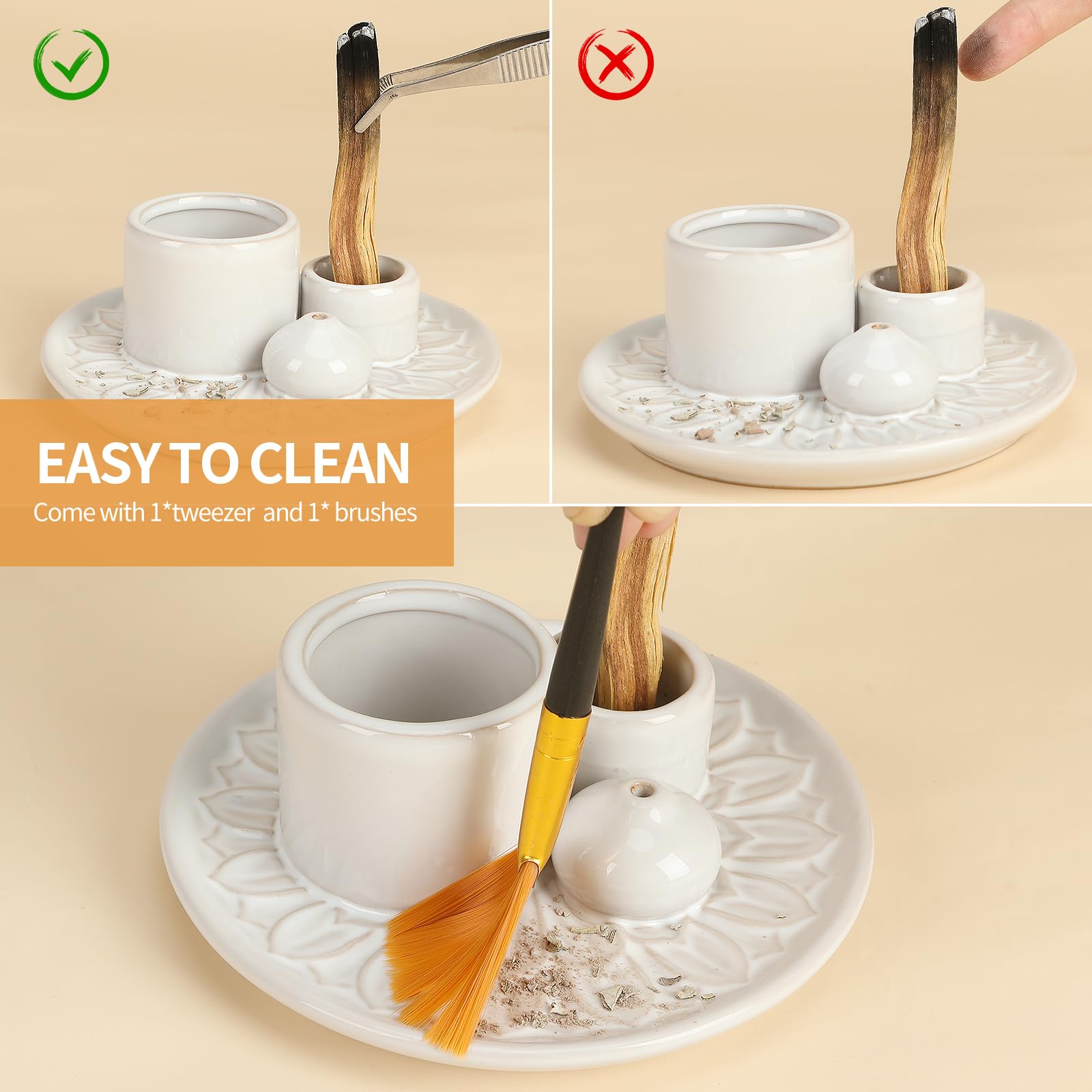 Handmade Ceramic Incense Burner for Palo Santo Incense Sticks, 4 in 1 Multi-Purpose Sage Holder for Burning, Ash Catcher Tray for Meditation Yoga Room (Golden)