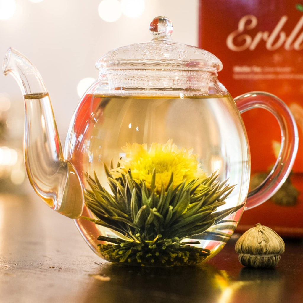 Creano Blooming Tea Gift Set with Glass Teapot 17oz (500ml) - Green Tea Fruity Flavoured Tea Flowers in 6 Varieties - Flowering Tea Gift for Easter