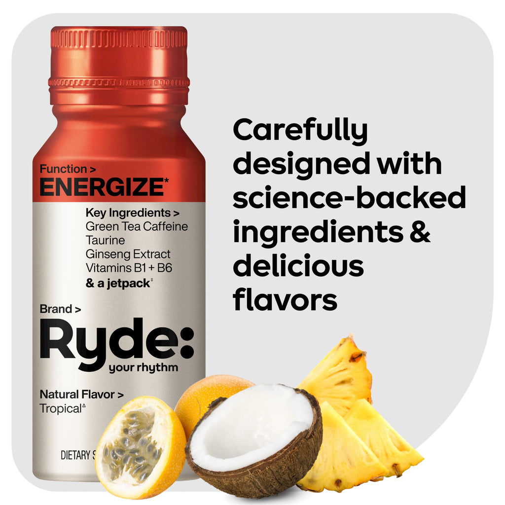 Ryde: Energize Shot | Tropical Flavor | Green Tea Caffeine, Taurine, Ginseng Extract & B Vitamins | 0 Calories, 0 Sugar | 2 FL OZ Shots | Boosts energy* (8 Pack)