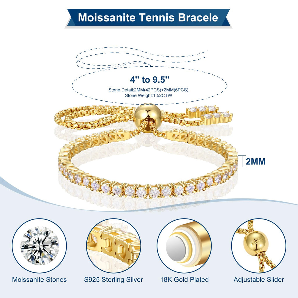 Moissanite Tennis Bracelet 1.79ct-8.69ct Adjustable Bracelet for Women 18K White Gold Plated S925 Sterling Silver Tennis Bracelet D Color VVS1 Round Cut 2/3/4mm Moissanite Bracelet Gifts for Wife/Mom