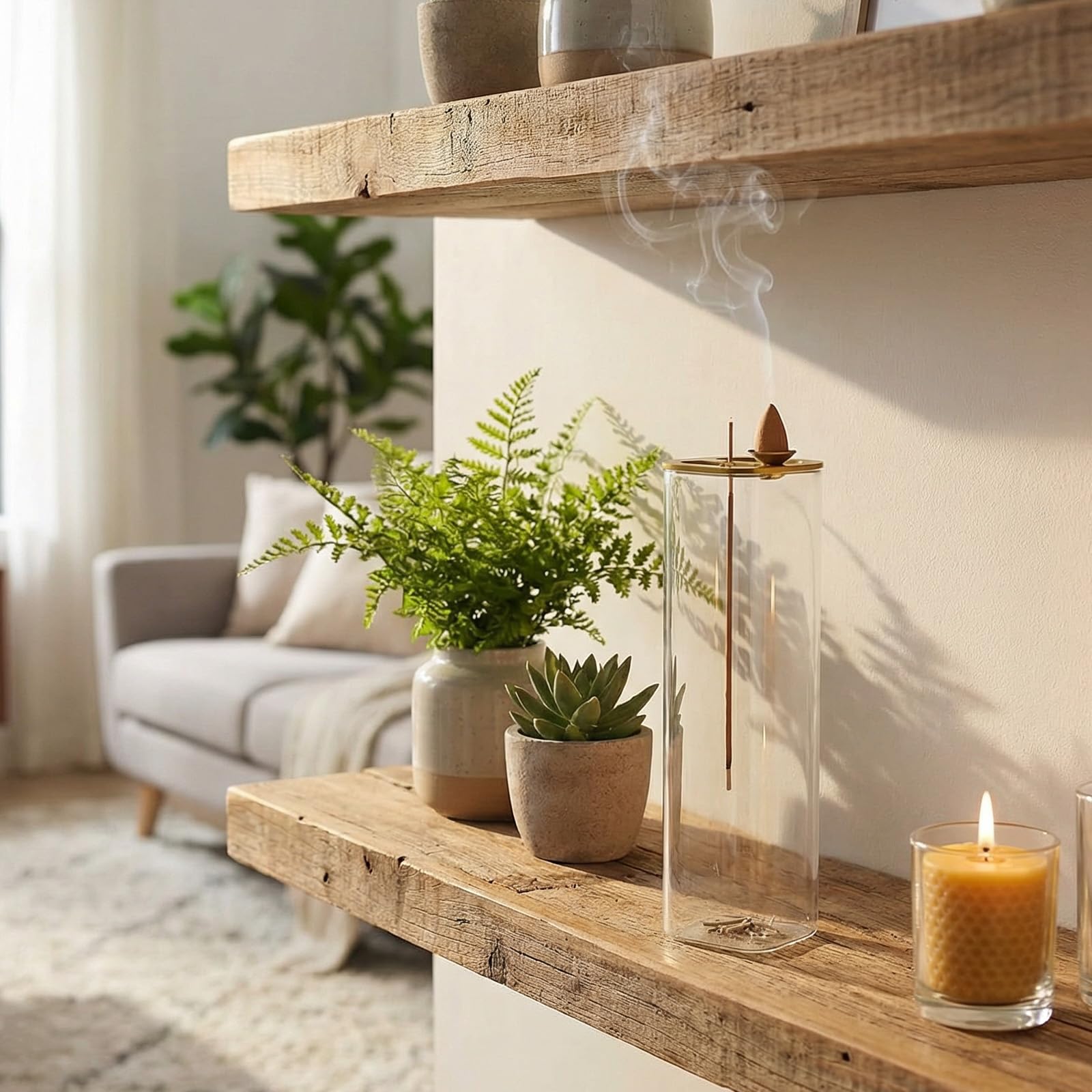 Ceremony Incense Holder, Wooden Incense Holder for Sticks with Glass Ash Catcher, Anti-ash Incense Burner with 20 Incense Sticks and a Ash Brush for Meditation Yoga Spa Room Decor