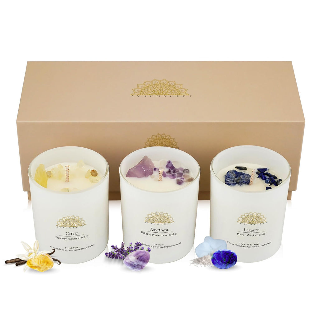 AVACONCEPT Crystal Infused Soy Wax Candle Gift Set Aromatherapy Scented Candles with Healing Crystals Natural Hand-Poured Luxury for Relaxation & Home Décor (Sunstone & Amethyst & Amazonite)