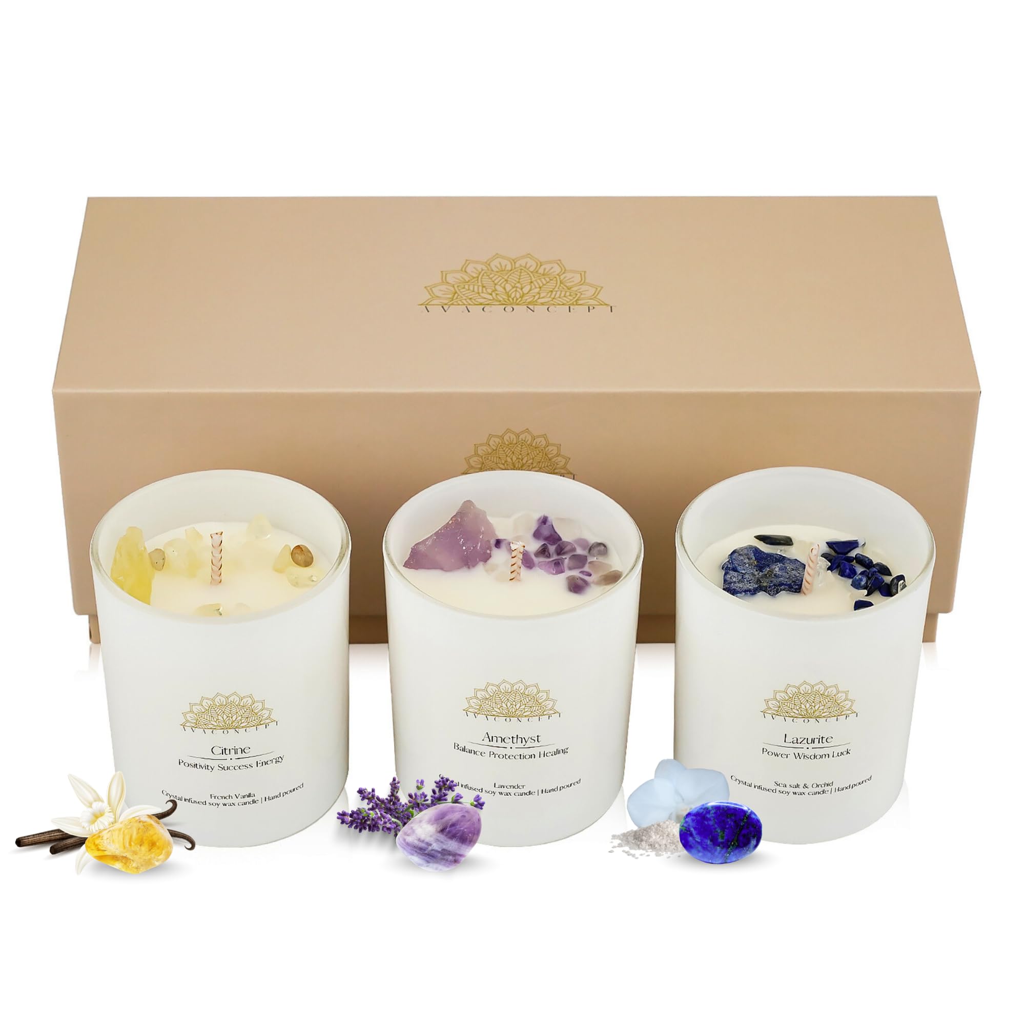 AVACONCEPT Crystal Infused Soy Wax Candle Gift Set Aromatherapy Scented Candles with Healing Crystals Natural Hand-Poured Luxury for Relaxation & Home Décor (Sunstone & Amethyst & Amazonite)