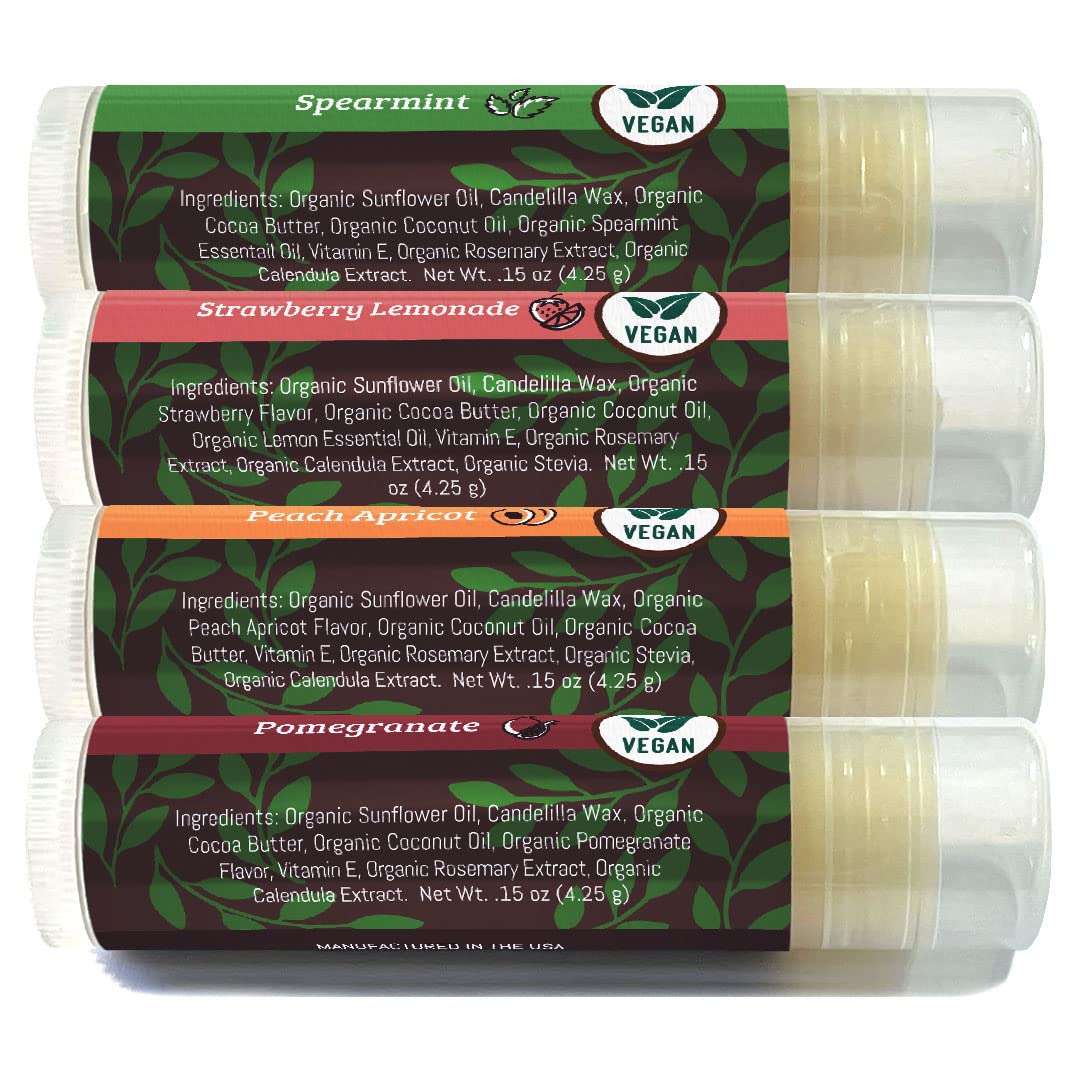 Earth's Daughter USDA Organic Lip Balm 6-Pack - Fruit Flavors, Beeswax, Coconut Oil, Vitamin E - Best Lip Repair Chapstick for Dry Cracked Lips - Moisturizing Lip Care