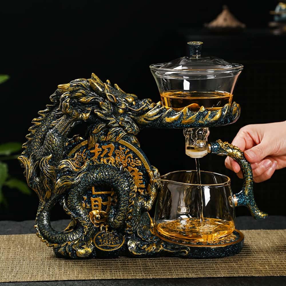 Glass Teapot Set with Infuser Semi Automatic Dragon Tea Set with 6 Small Cups (red golden dragon-b)
