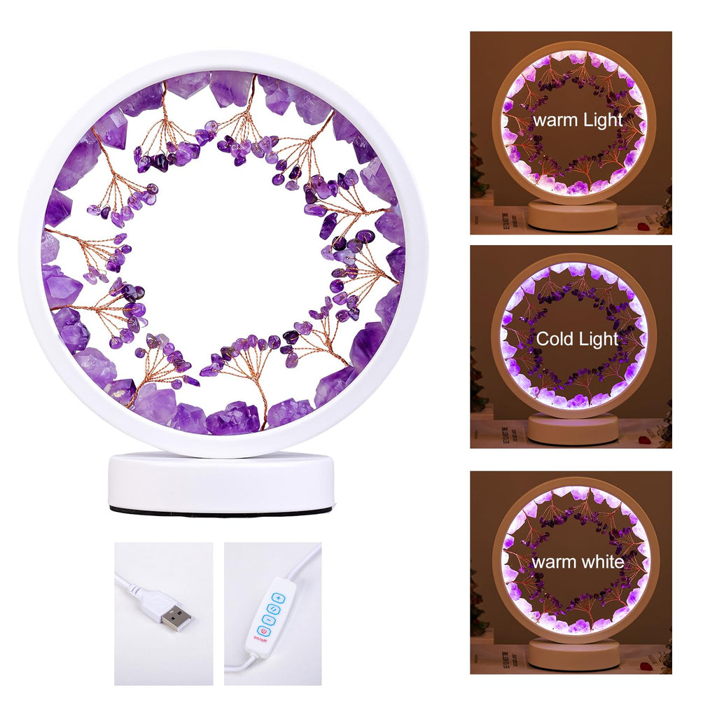 Runyangshi Amethyst Night Lamp 8.6" Natural Healing Crystal Bedside Lamp USB Port 3 Colours Dimming Mode Bedroom Lamp Suitable Night Light for Living Room Bedroom Office Home Decor Ideal Gift