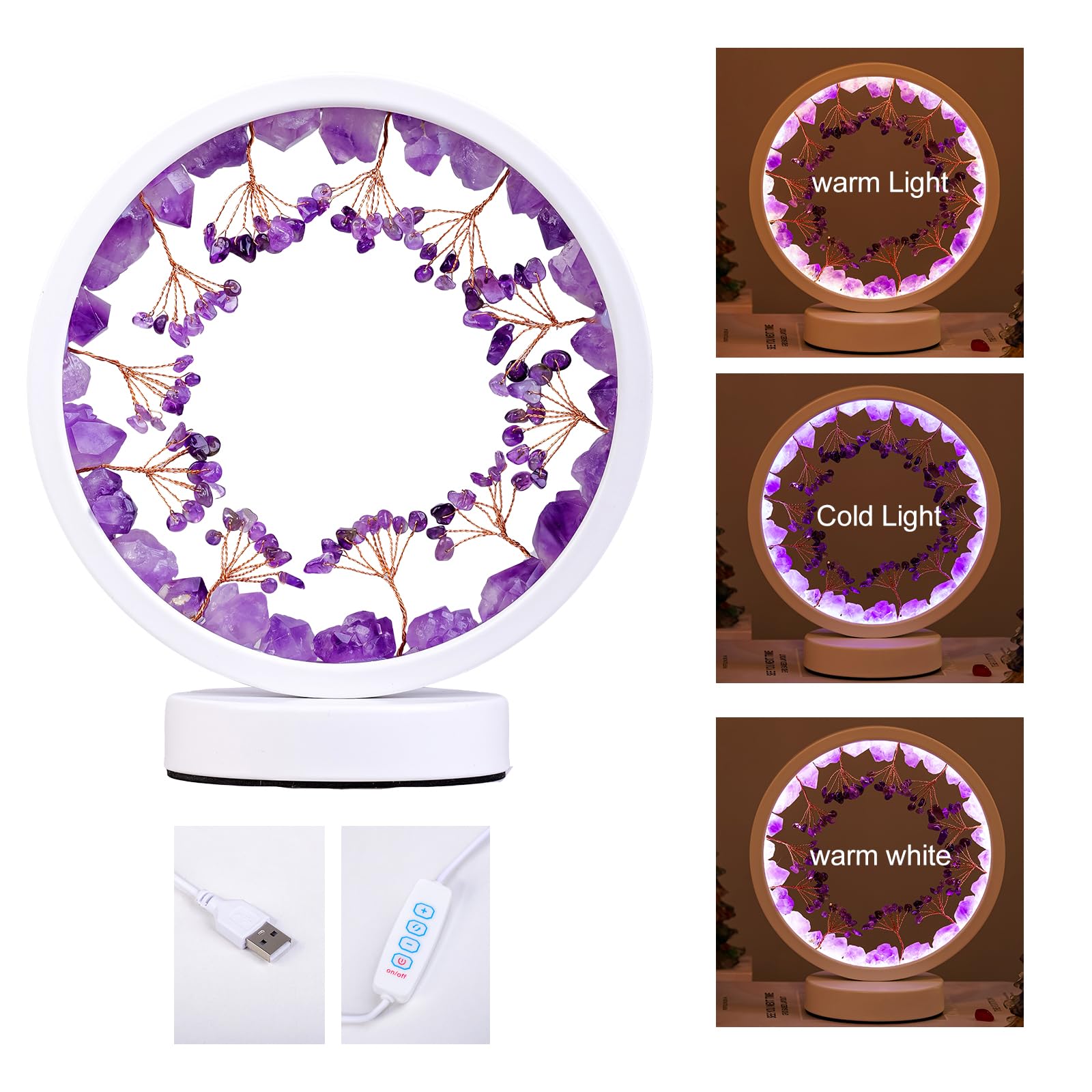 Runyangshi Amethyst Night Lamp 8.6" Natural Healing Crystal Bedside Lamp USB Port 3 Colours Dimming Mode Bedroom Lamp Suitable Night Light for Living Room Bedroom Office Home Decor Ideal Gift