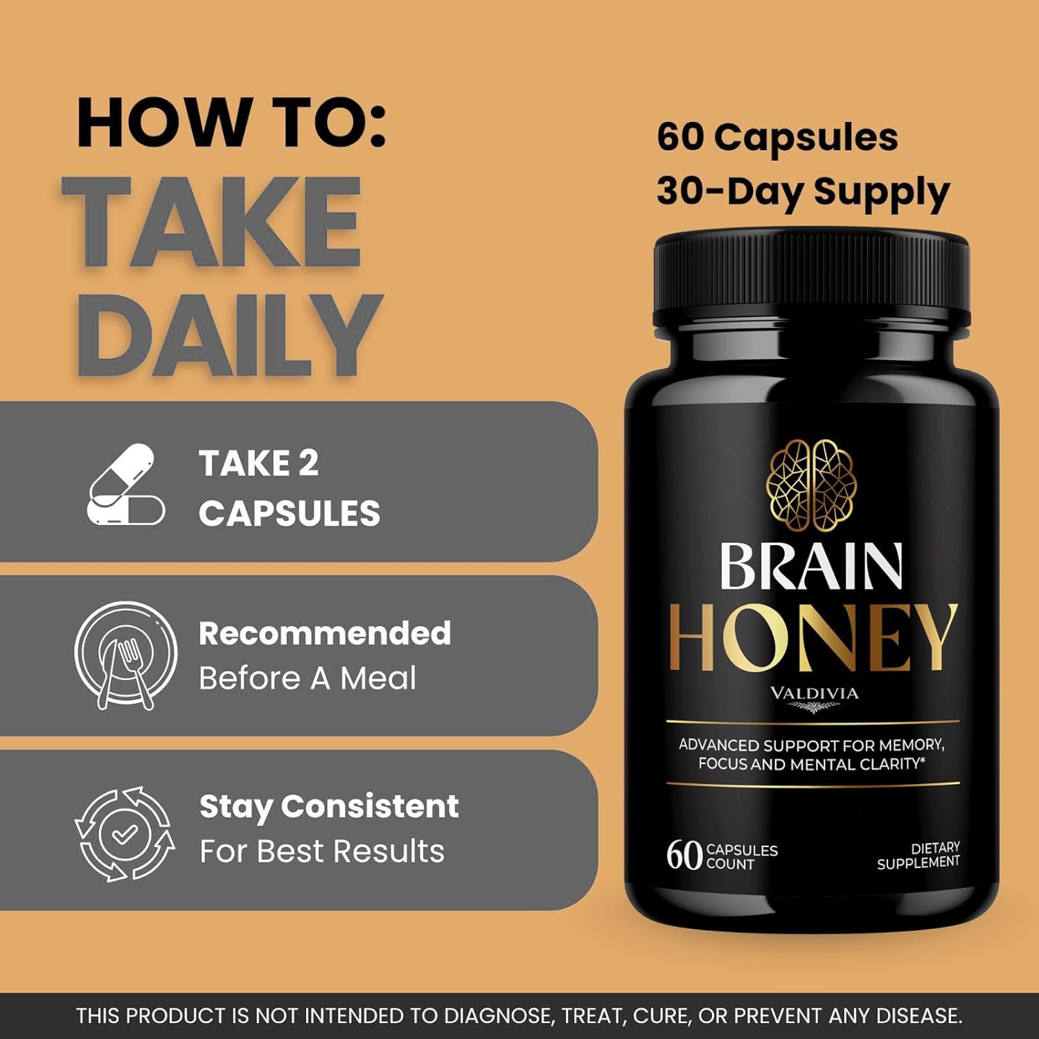 Brain Honey Capsules, Brain Honey with All Natural Ingredients, Advanced Overall Health and Wellness Vitamin Supplement Formula for Maximum Strength Multivitamins (60 Capsules)