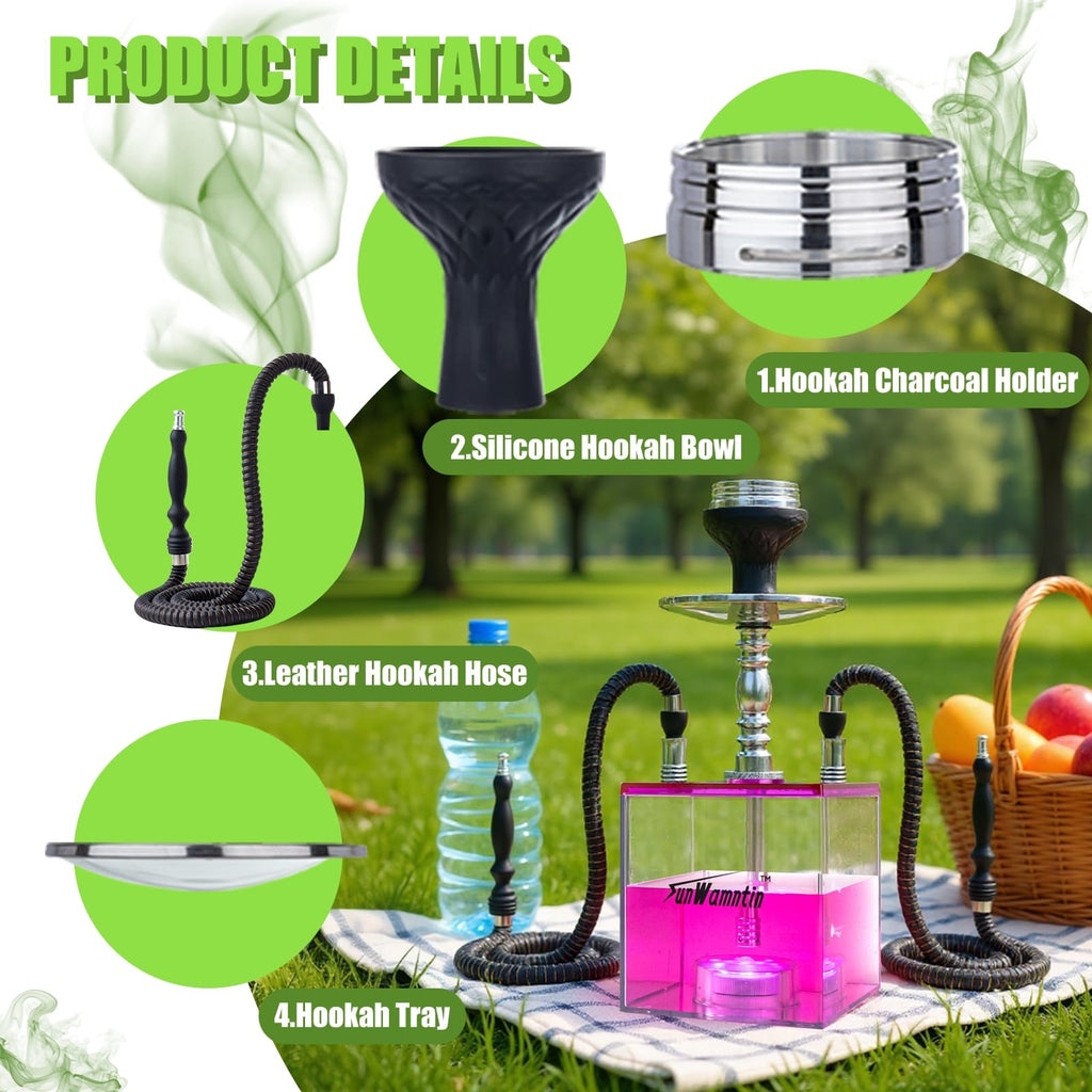2 Hose Large Cloud Production Acrylic Hookah Set with Everything, Travel Kit with LED Hookah Machine for Shisha Smoking Experience（Black）