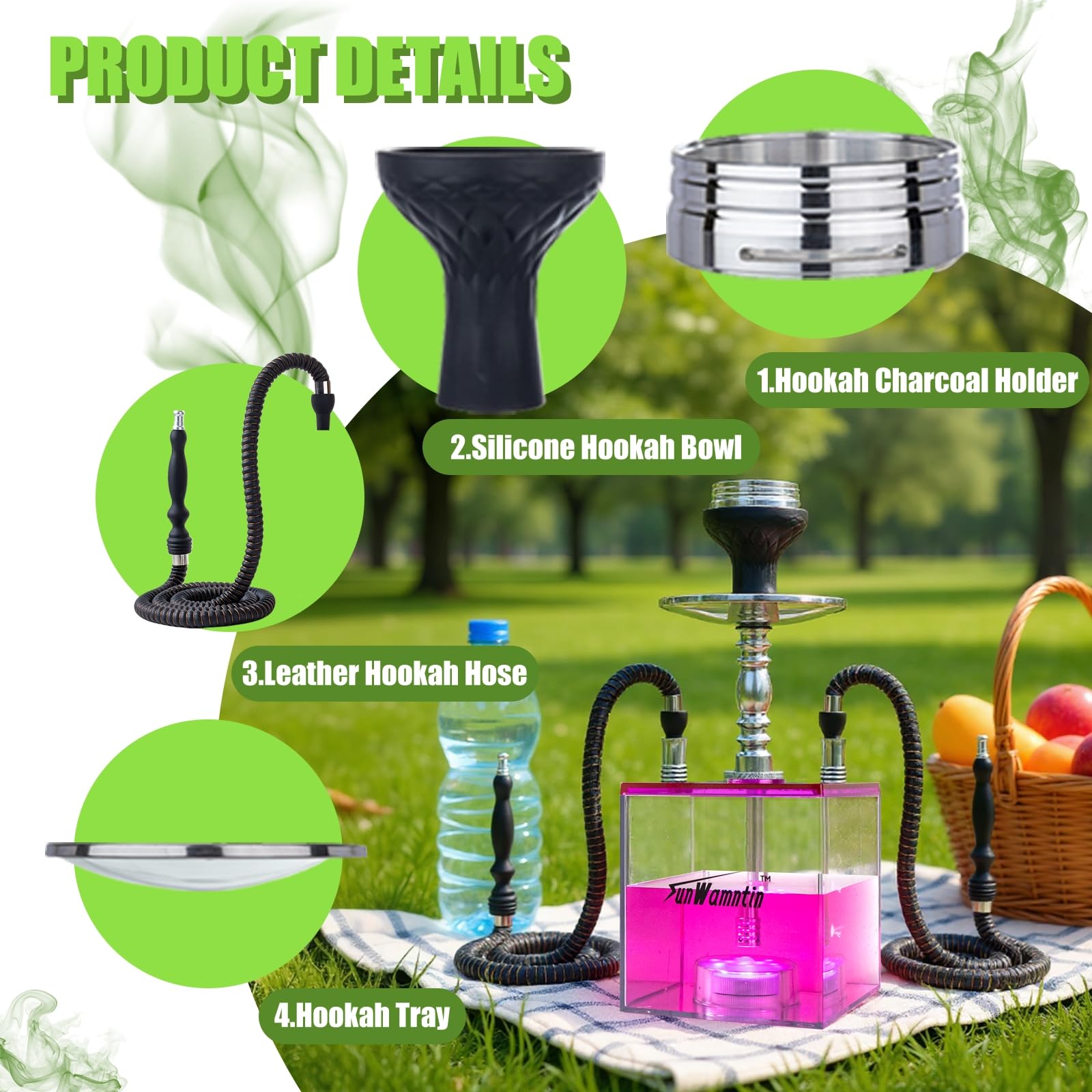 2 Hose Large Cloud Production Acrylic Hookah Set with Everything, Travel Kit with LED Hookah Machine for Shisha Smoking Experience（Black）