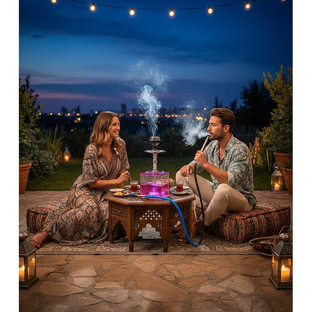 2 Hose Large Cloud Production Acrylic Hookah Set with Everything, Travel Kit with LED Hookah Machine for Shisha Smoking Experience（Black）