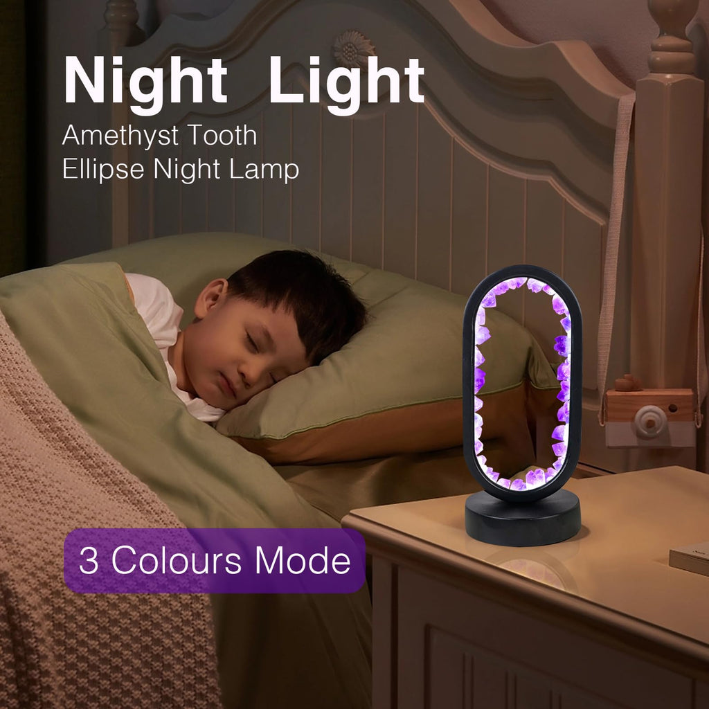 Runyangshi Amethyst Night Lamp 8.6" Natural Healing Crystal Bedside Lamp USB Port 3 Colours Dimming Mode Bedroom Lamp Suitable Night Light for Living Room Bedroom Office Home Decor Ideal Gift