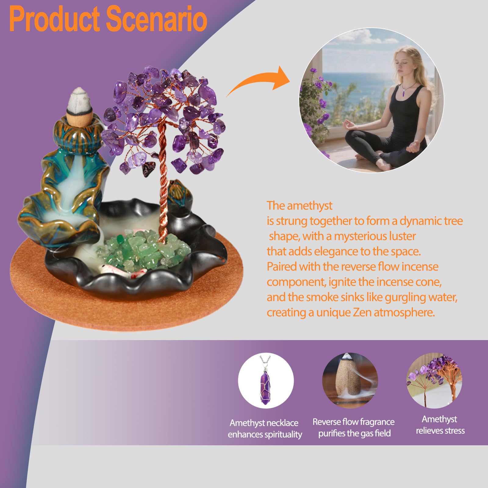 Waterfall Burner, Crystal Tree Backflow Incense Holder, with 30 Incense Cones, 30 Incense Stick, 1 Healing Crystal Necklace, Aromatherapy Anxiety Relief Items, Mom Gifts for Christmas