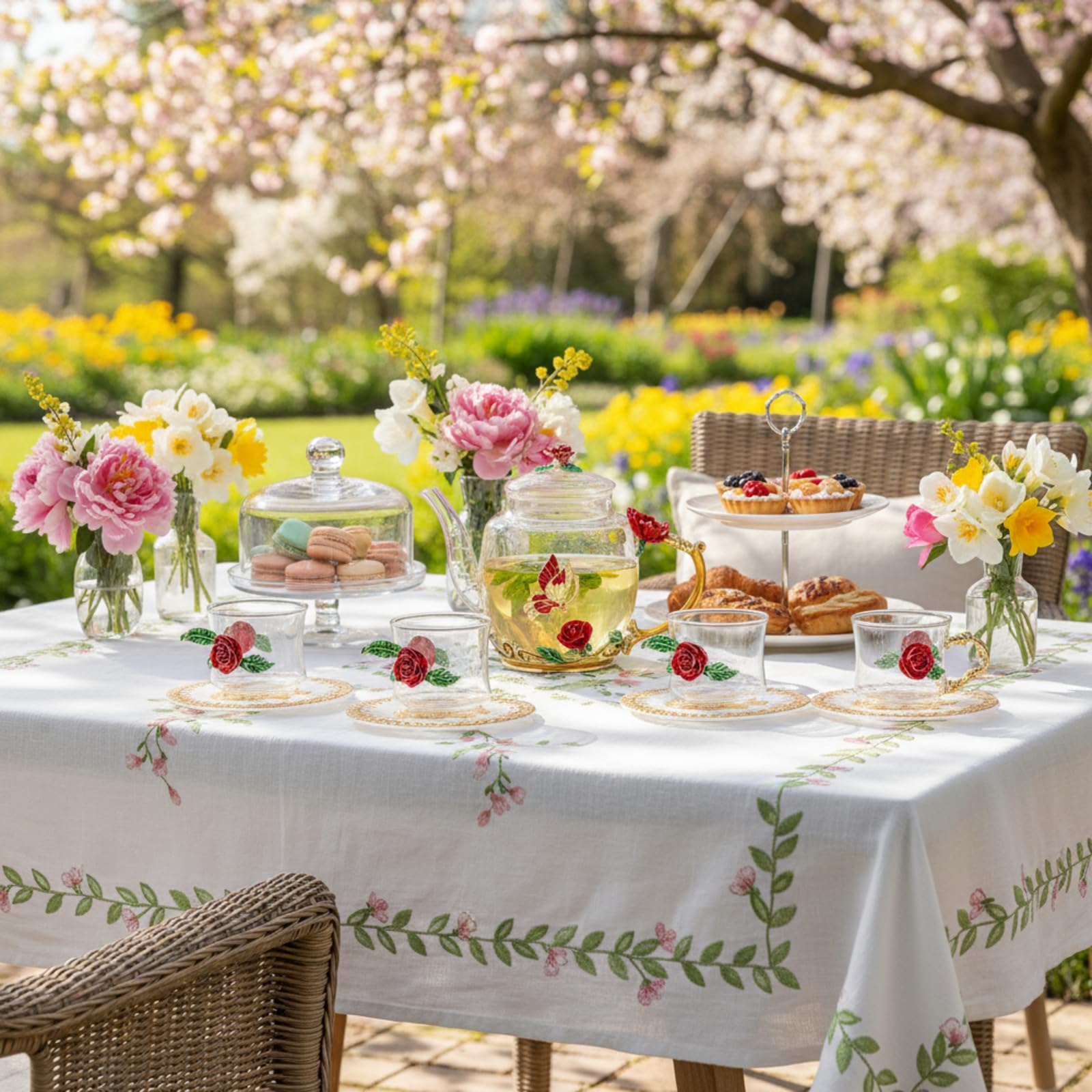 7 Pcs Floral Glass Tea Set for Women 14 oz Butterfly Vintage Teapot Set for Adults Glass Tea Gift for Valentine Spring Party Mother's Day Girlfriend Fancy Pot Cups with Gift Box(Blue)