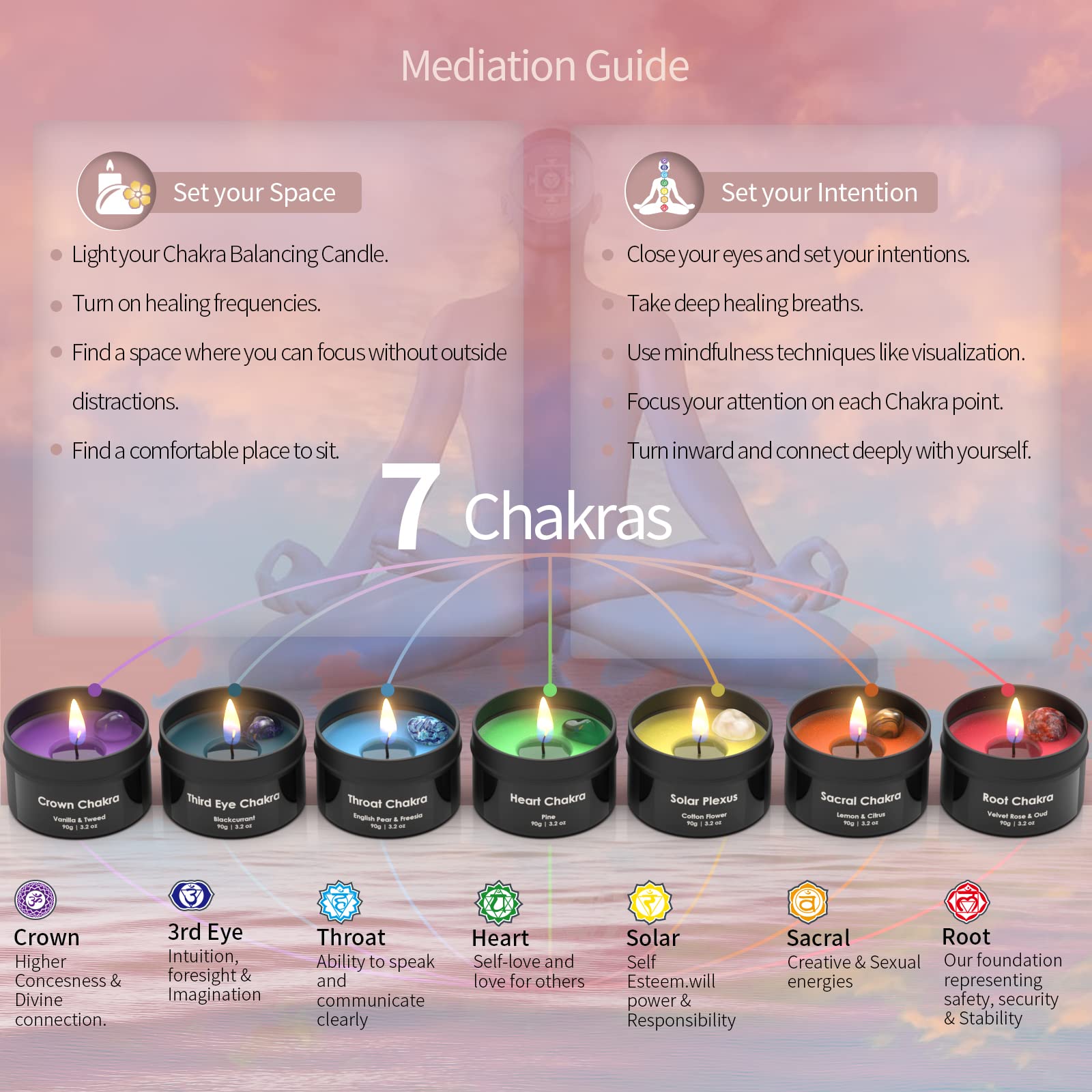 Inspireyes Scented Candles Set with Crystal, 3 Wick Candle 19 oz Soy Wax Aromatherapy Meditation Candles, Large Manifestation Candle with Large Energy Stones, Birthday Gifts for Women