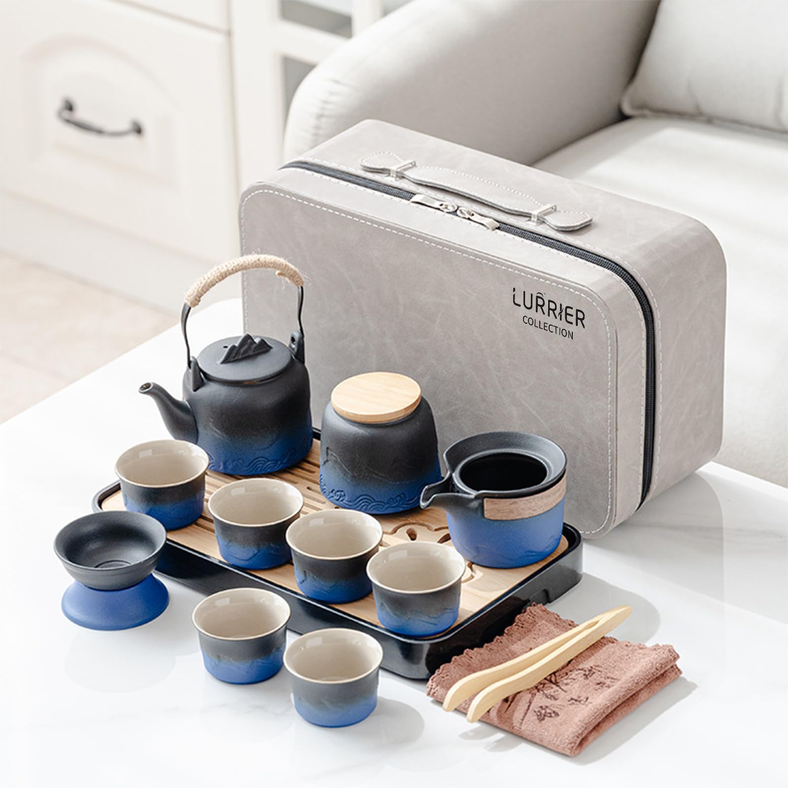 LURRIER Gongfu tea sets, Portable Ceramic TeaSet, Asian Tea sets for adult, Tea Gift sets, Grey leather case, Portable Travel Bag,Home,Gifting,Outdoor and Office(Black)