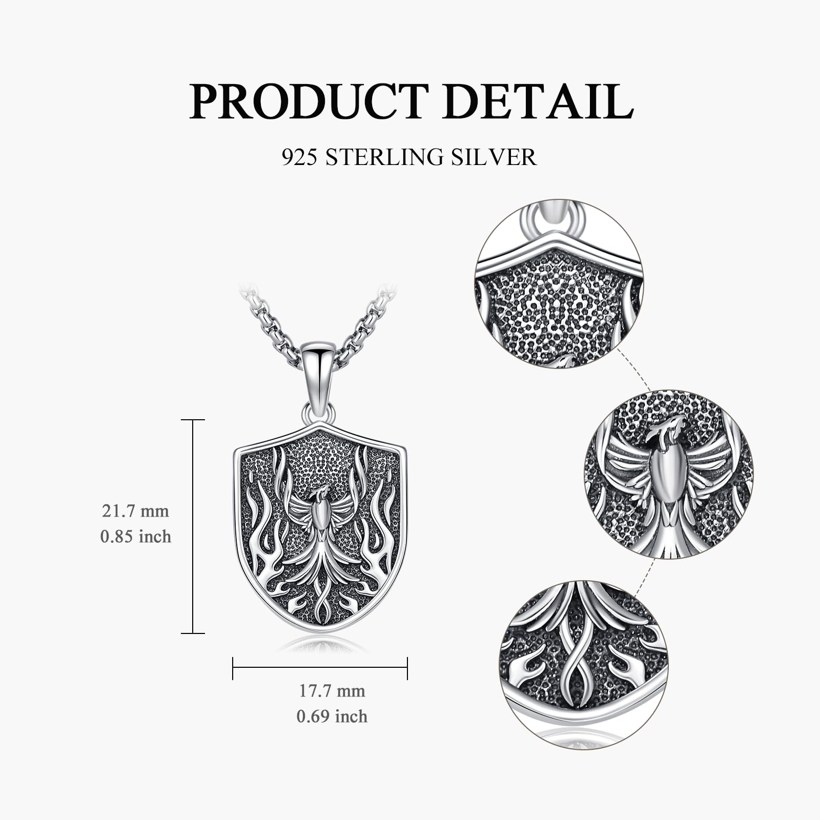 PELOVNY Phoenix Necklace 925 Sterling Silver Shield/Sword/Crystal/Tarot Card/Dog Tag/Cross/Abalone/Axe Pendant Rising Bird Jewelry for Anniversary Birthday Christmas Gifts Men Women