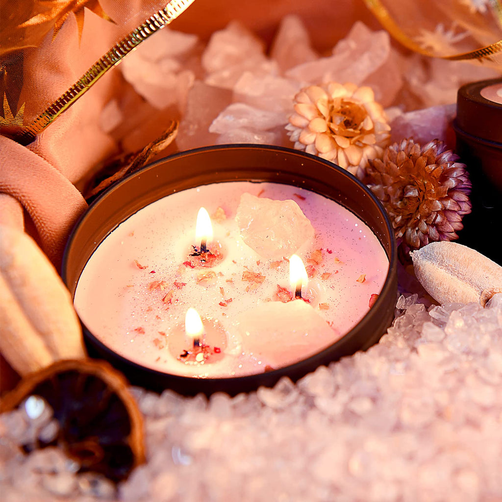 Inspireyes Scented Candles Set with Crystal, 3 Wick Candle 19 oz Soy Wax Aromatherapy Meditation Candles, Large Manifestation Candle with Large Energy Stones, Birthday Gifts for Women
