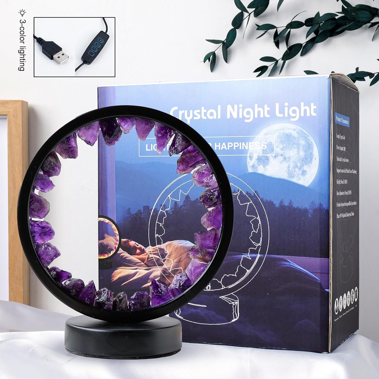 Runyangshi Amethyst Night Lamp 8.6" Natural Healing Crystal Bedside Lamp USB Port 3 Colours Dimming Mode Bedroom Lamp Suitable Night Light for Living Room Bedroom Office Home Decor Ideal Gift