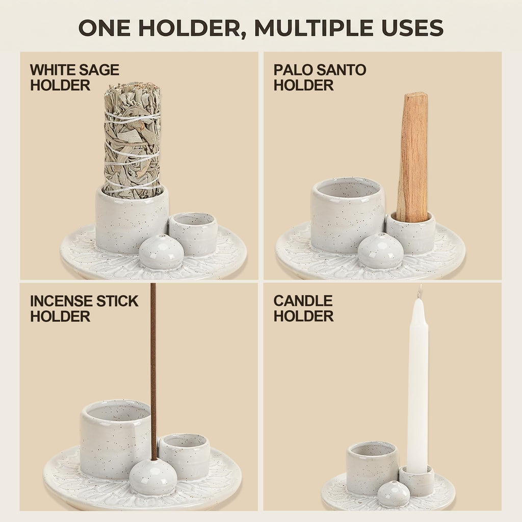 Handmade Ceramic Incense Burner for Palo Santo Incense Sticks, 4 in 1 Multi-Purpose Sage Holder for Burning, Ash Catcher Tray for Meditation Yoga Room (Golden)