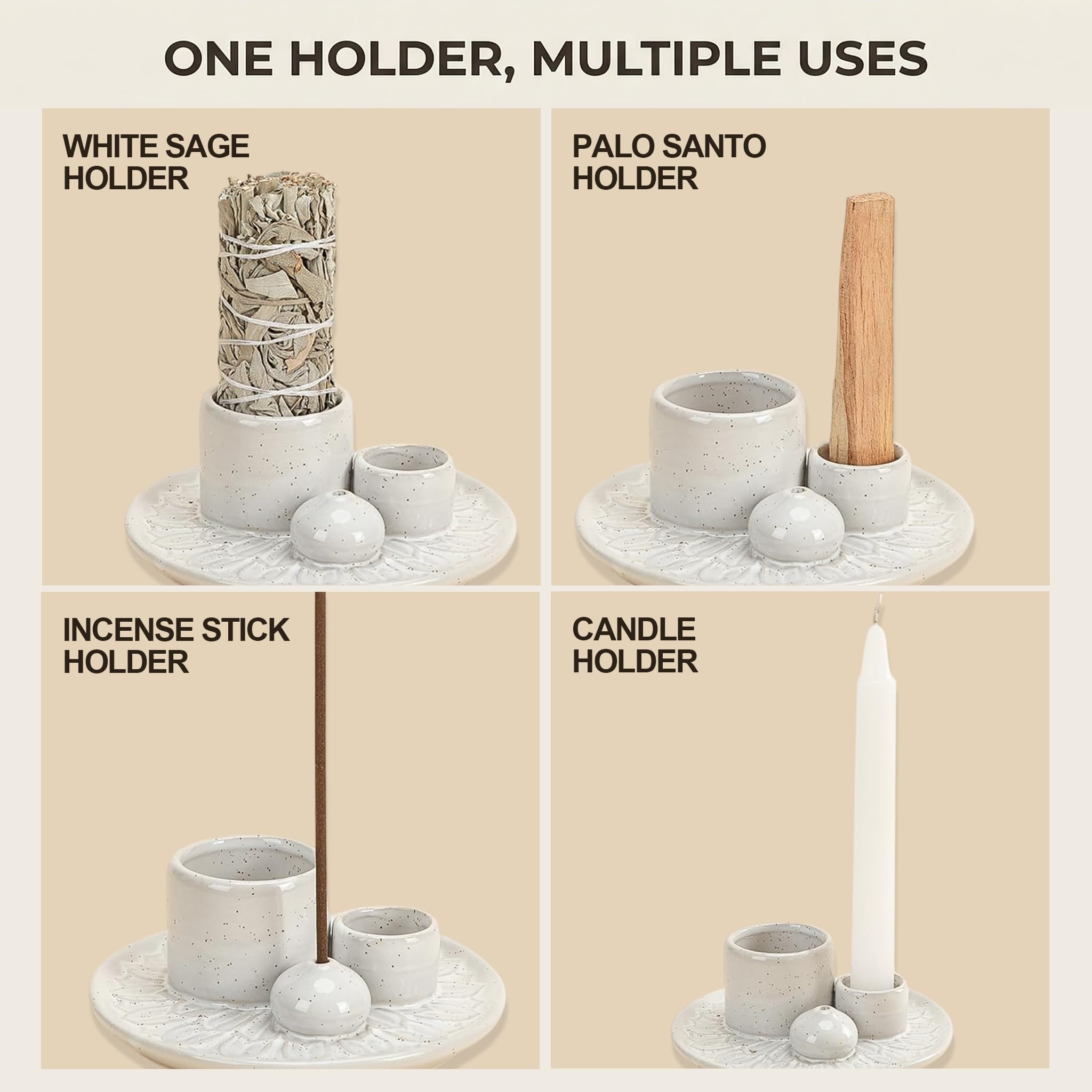 Handmade Ceramic Incense Burner for Palo Santo Incense Sticks, 4 in 1 Multi-Purpose Sage Holder for Burning, Ash Catcher Tray for Meditation Yoga Room (Golden)