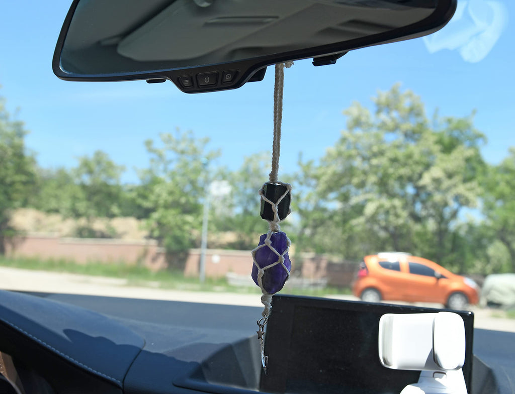 BOHO GARDEN Crystal Hanging Car Charm - Purple Rear View Mirror Hanging Car Accessories for Women, Moon Decor Hanging Ornament, Witchy Gifts and Healing Stones - Rose Quartz & Amethyst