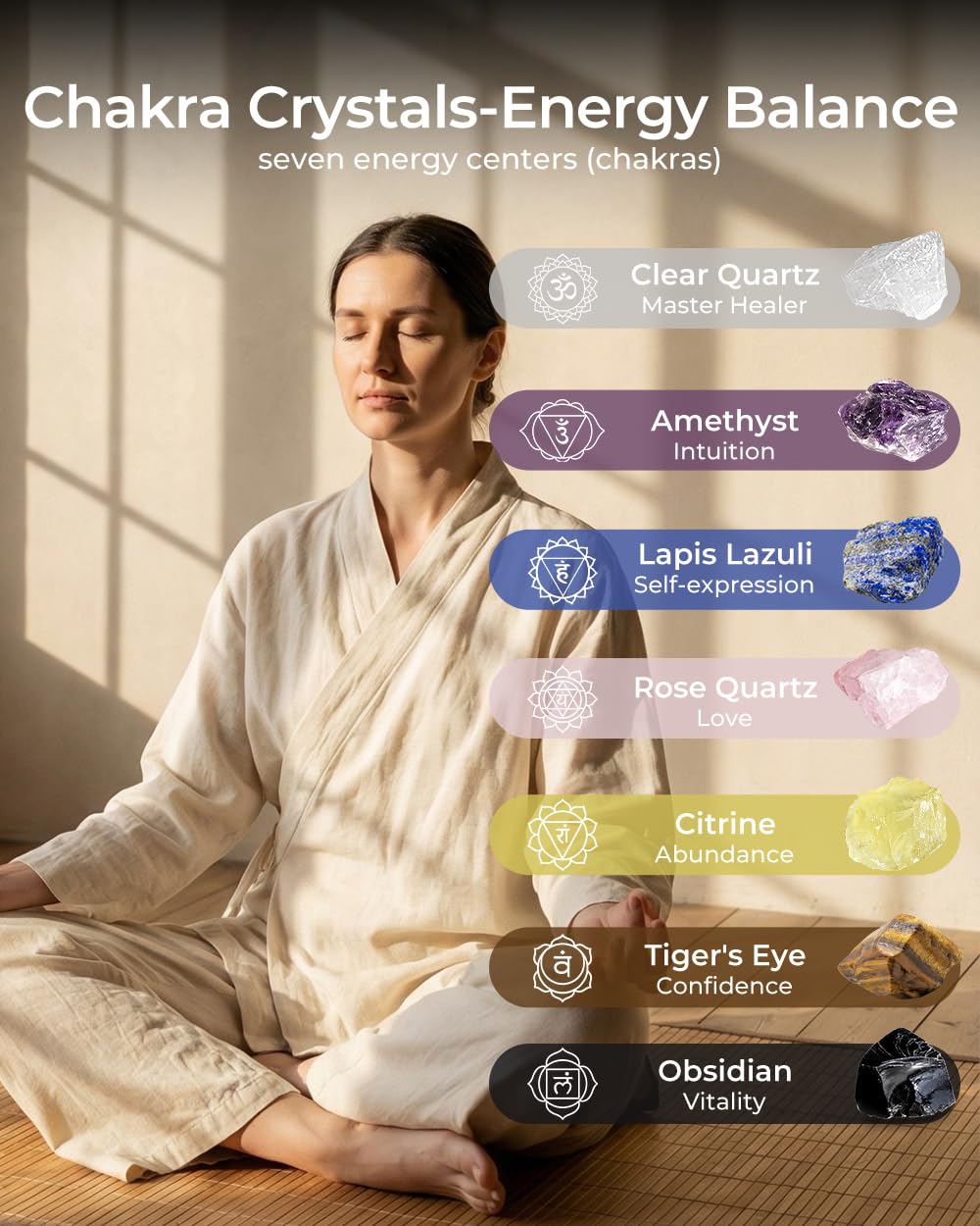 Crystals and Healing Stones, 9 Pcs Healing Crystals Set, 7 Chakra Crystal Stones Set Real Natural Selenite Pyramid Reiki Raw Rock Energy Protection Meditation with Wooden Box, Crystal Gifts for Women