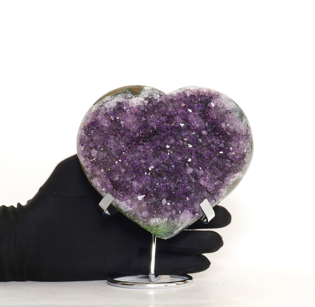 Hand-carved Amethyst Heart Cluster with Stand, Natural Raw Crystal Heart Stone 1–7 Inch tall (50g–1200g), Reiki Healing Gemstone, Love, spiritual Valentine Gift. (200-350 Grams-1.5 to 2.5" tall)