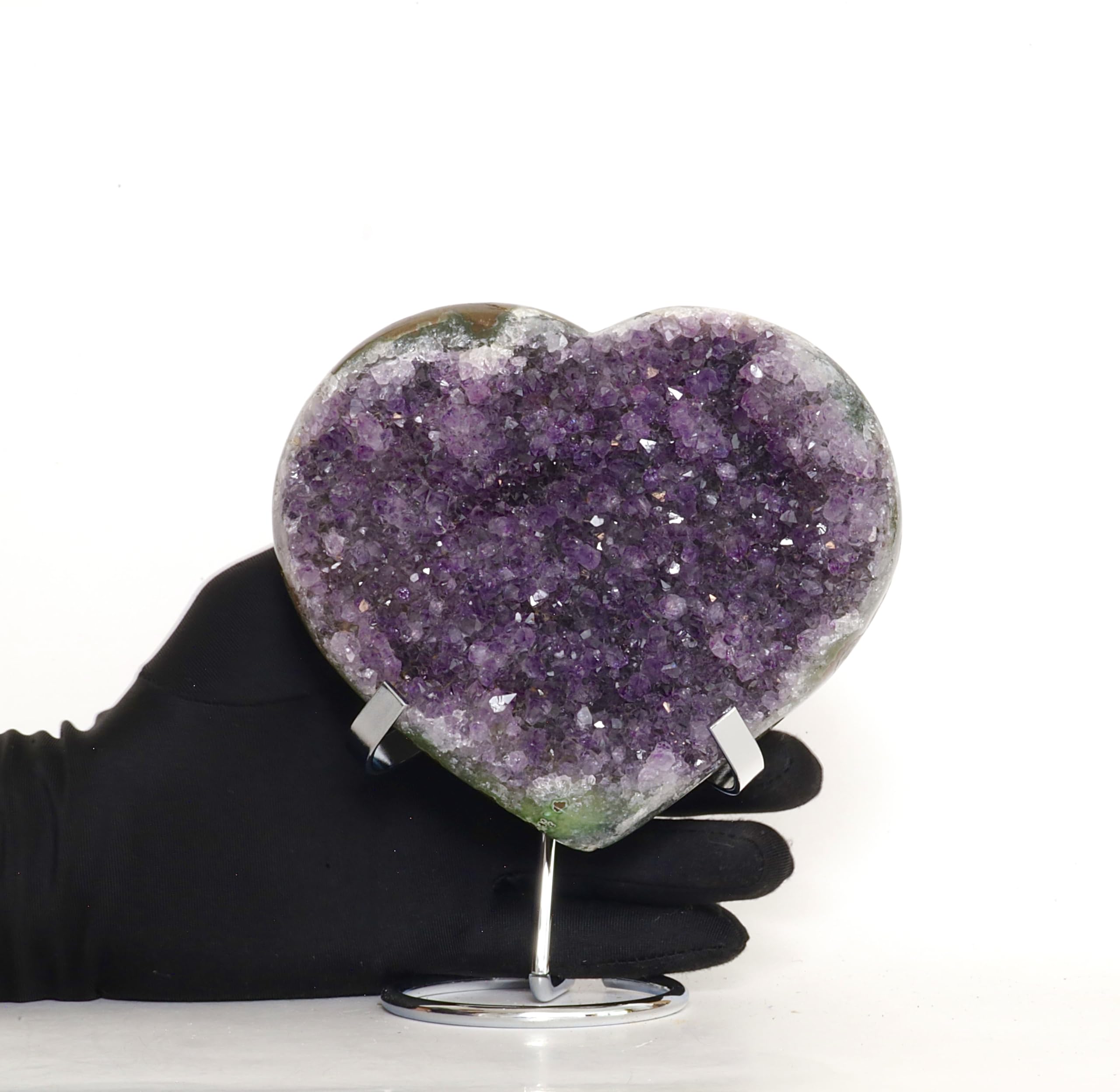 Hand-carved Amethyst Heart Cluster with Stand, Natural Raw Crystal Heart Stone 1–7 Inch tall (50g–1200g), Reiki Healing Gemstone, Love, spiritual Valentine Gift. (200-350 Grams-1.5 to 2.5" tall)