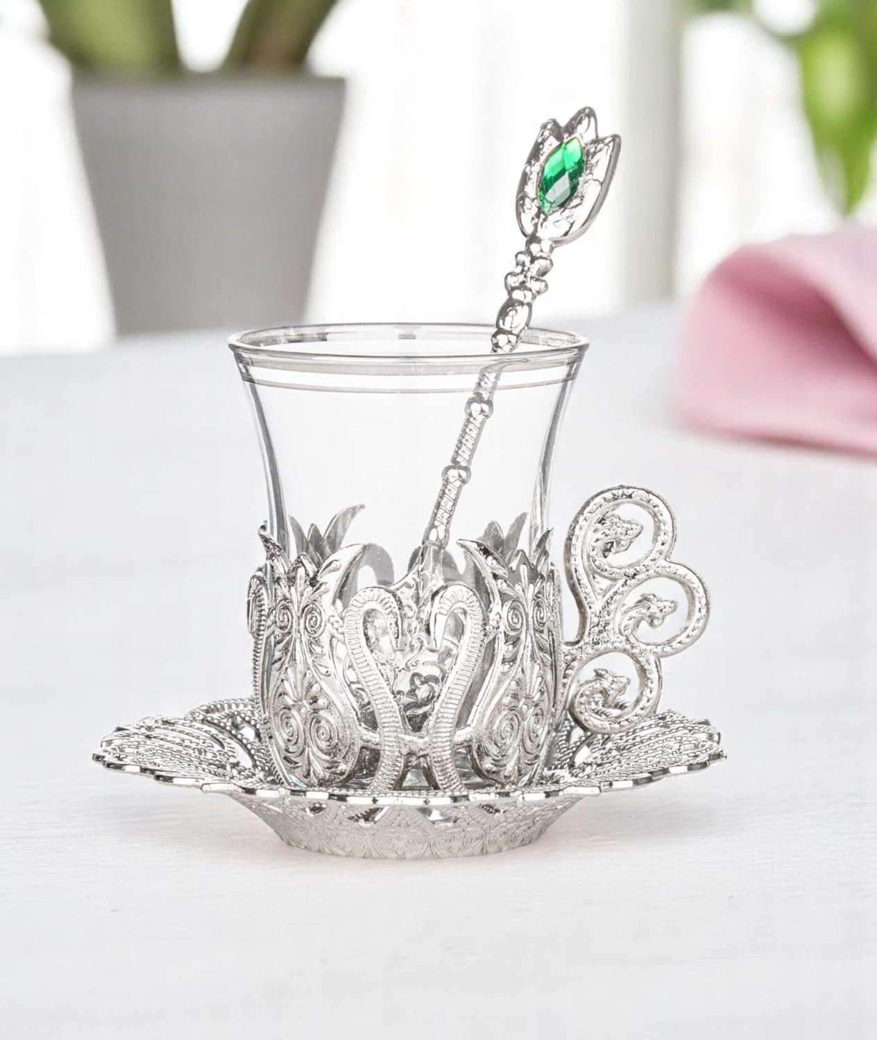 Alisveristime (SET OF 6 Handmade Turkish Tea Water Zamzam Serving Set Glasses Saucer and Spoon (Ottoman) (Gold)