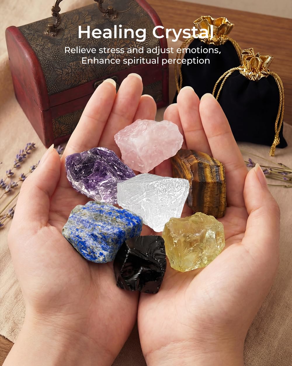 Crystals and Healing Stones, 9 Pcs Healing Crystals Set, 7 Chakra Crystal Stones Set Real Natural Selenite Pyramid Reiki Raw Rock Energy Protection Meditation with Wooden Box, Crystal Gifts for Women