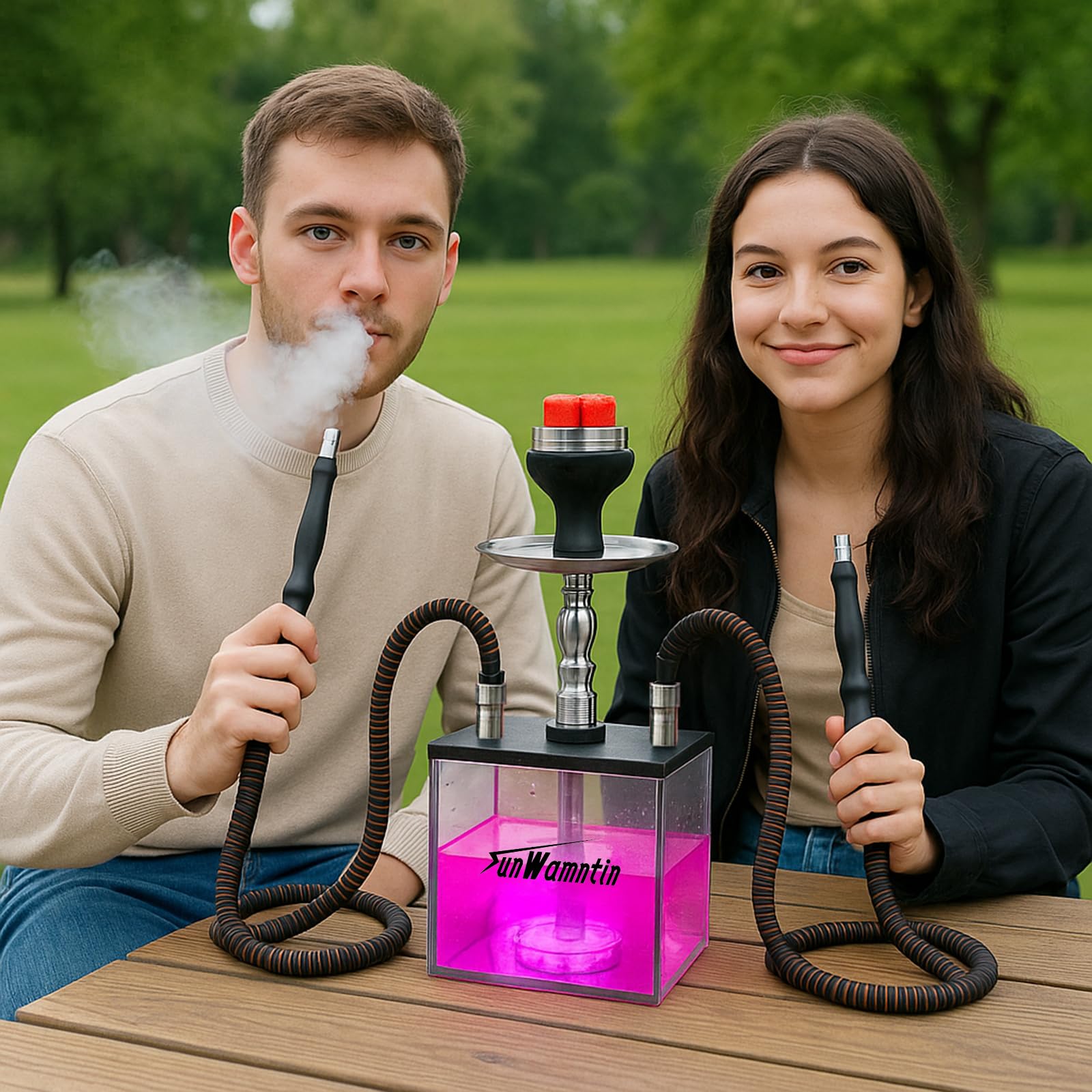 2 Hose Large Cloud Production Acrylic Hookah Set with Everything, Travel Kit with LED Hookah Machine for Shisha Smoking Experience（Black）