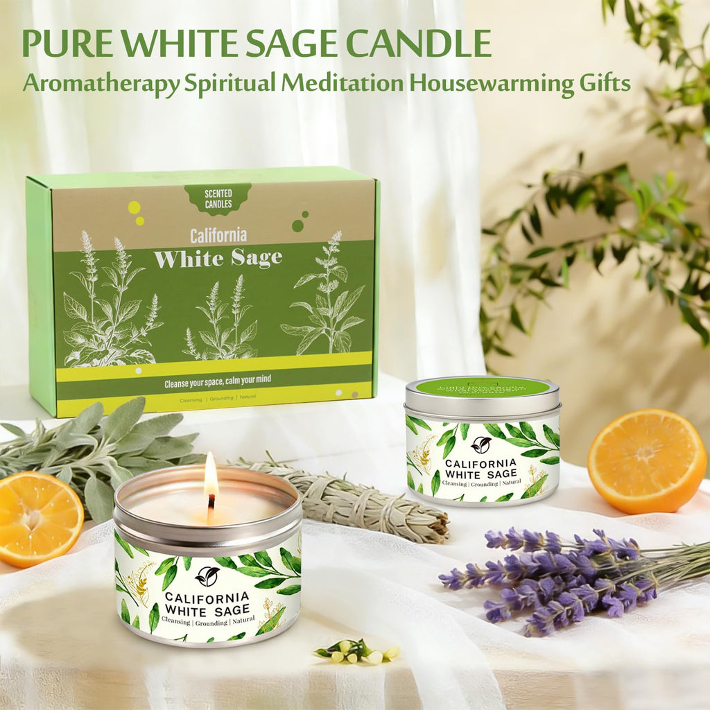 Sage Candle Gift Set, 4 Pack Natural Soy Wax White Sage Smudge Kit with Healing Crystals for House Cleansing Negative Energy, Spiritual Meditation & Aromatherapy, Ideal Mother's Day Housewarming Gifts
