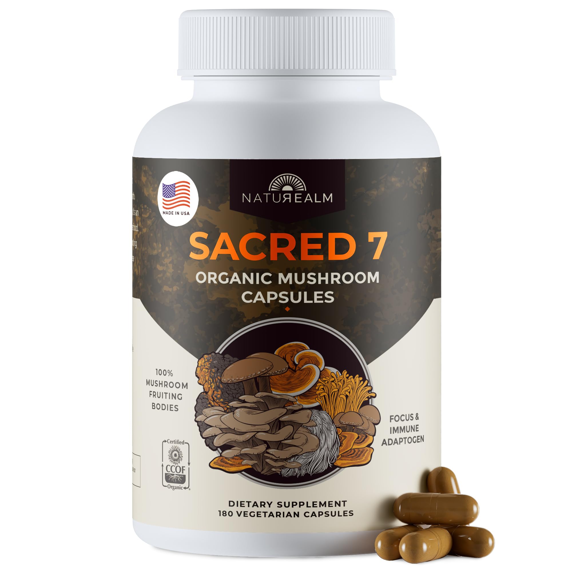 Naturealm Sacred 7 Organic Mushroom Powder Supplement | 7-Month Supply | 7-in-1 Blend with Lions Mane, Reishi, Chaga | Brain & Immune Support | 100% Fruiting Bodies for Coffee & Smoothies